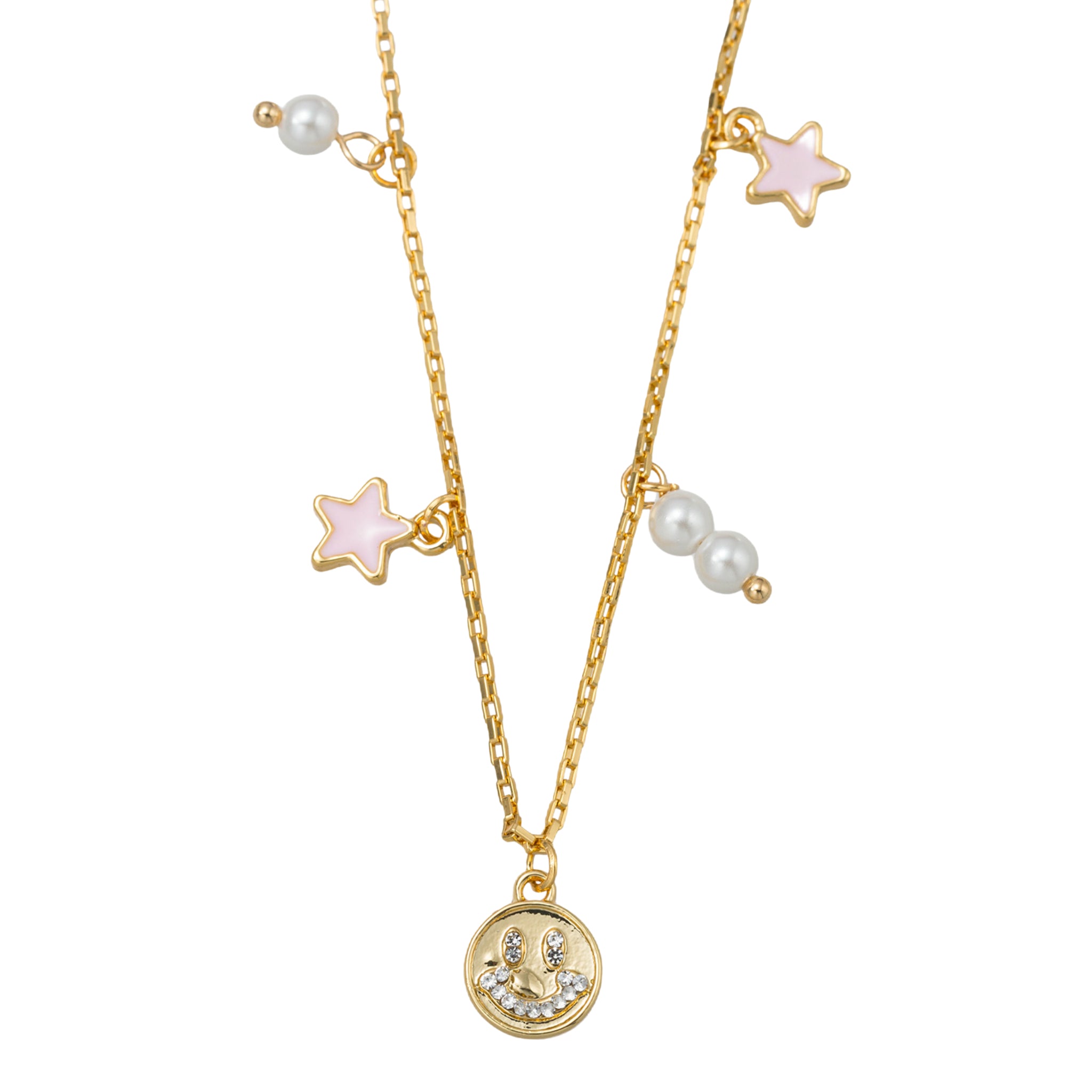 Kids 18K Gold Plated Long Box Chain Necklace with Pearl, Star, Smiley, Pearl, Star