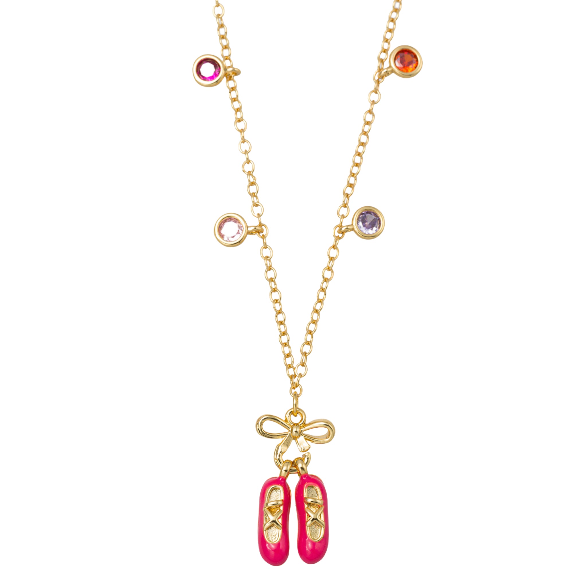 Kids 18K Gold Plated O Chain Necklace with Pink Ballerina Slippers, Crystal Accents