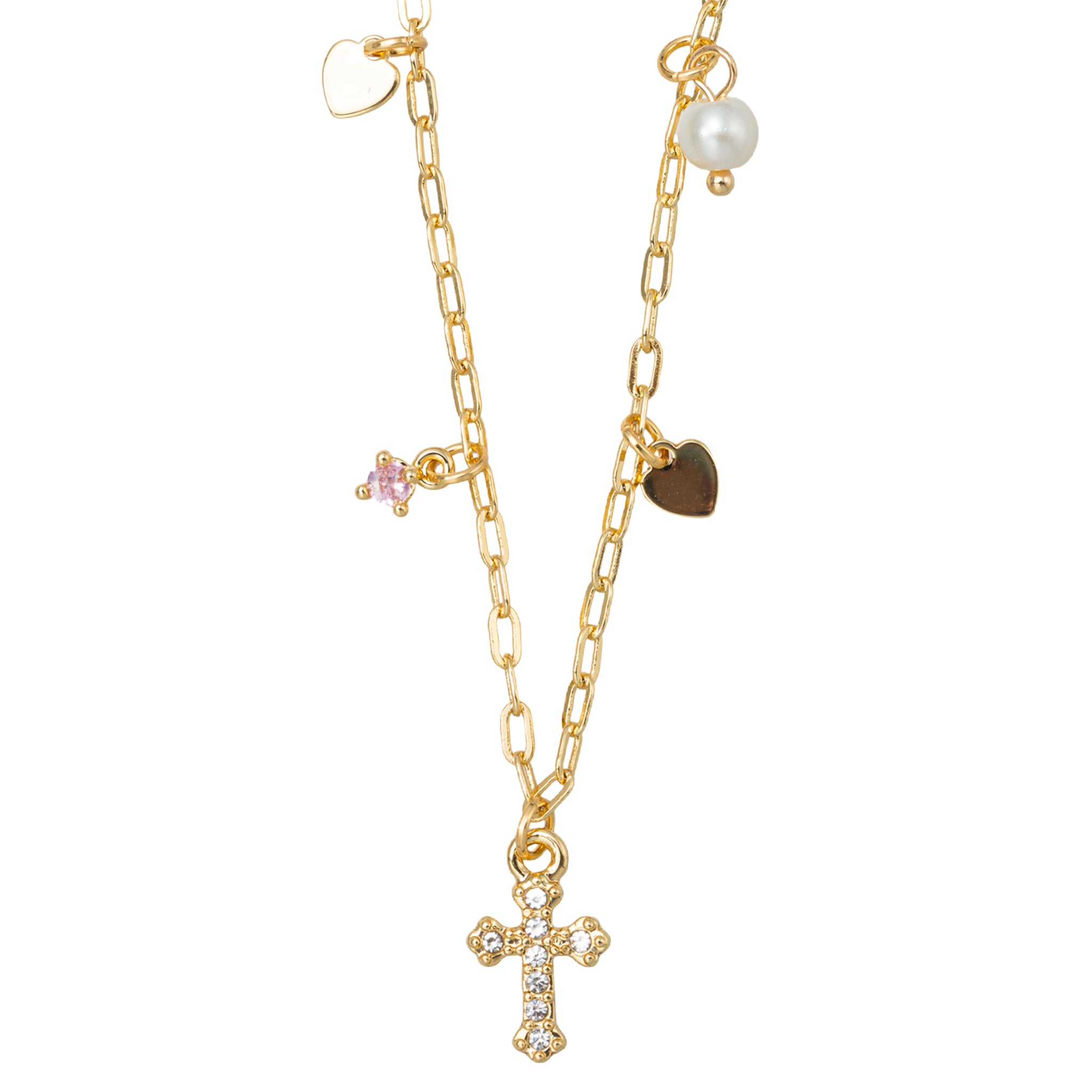 Kids 18K Gold Plated Flat Chain Necklace with Gold Cross and Pearl, Heart, Pink Crystal Charms