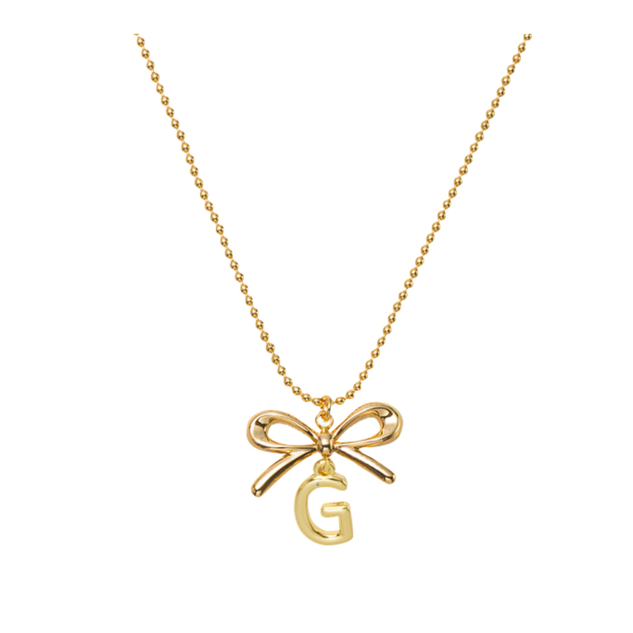 18K Gold Plated Ball Chain Necklace with Gold Bow & Initial "G"