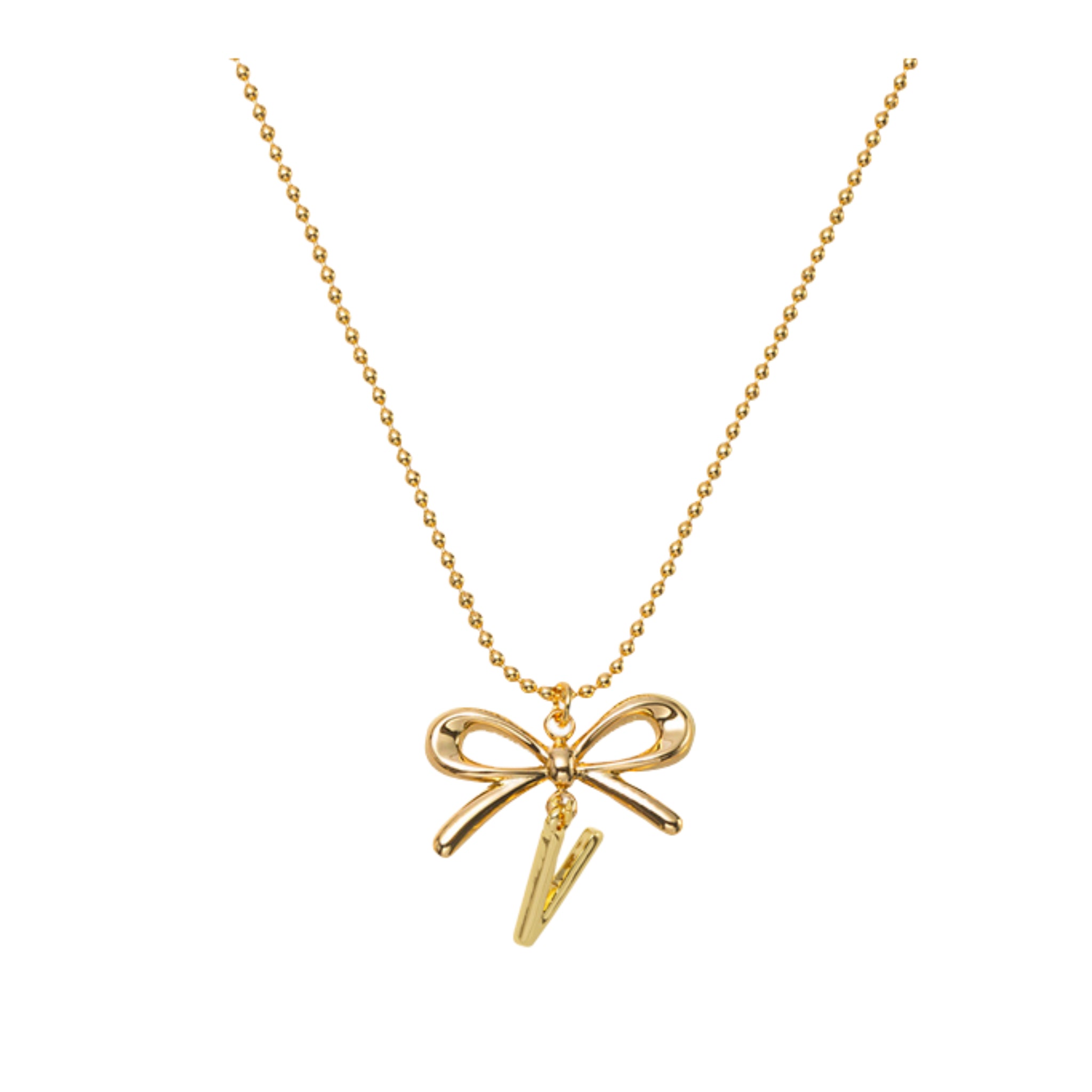 18K Gold Plated Ball Chain Necklace with Gold Bow & Initial "V"