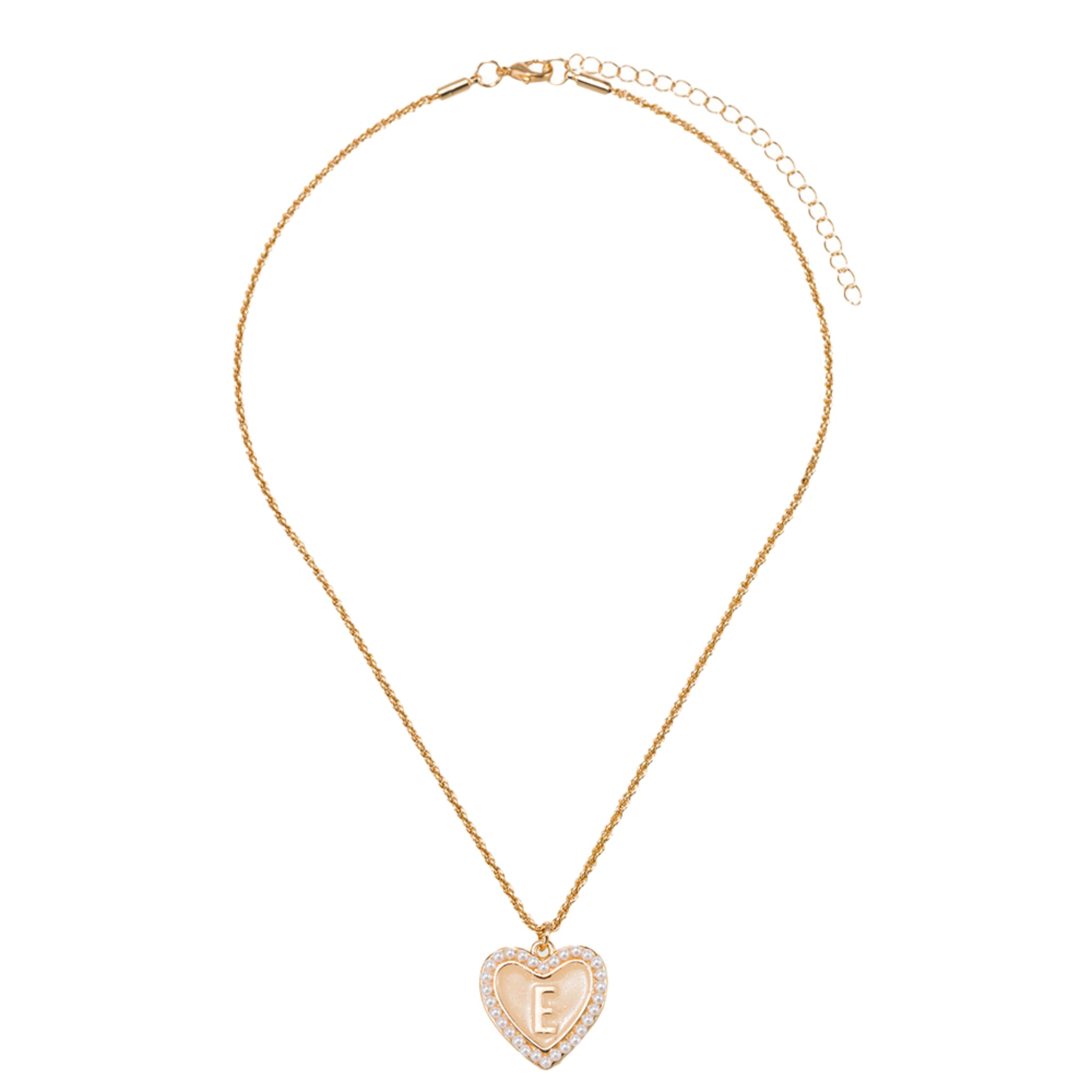 Kids Pearl Edged, Double Sided Heart with One Side Gold Bow, One Side Initial "E" Rope Necklace