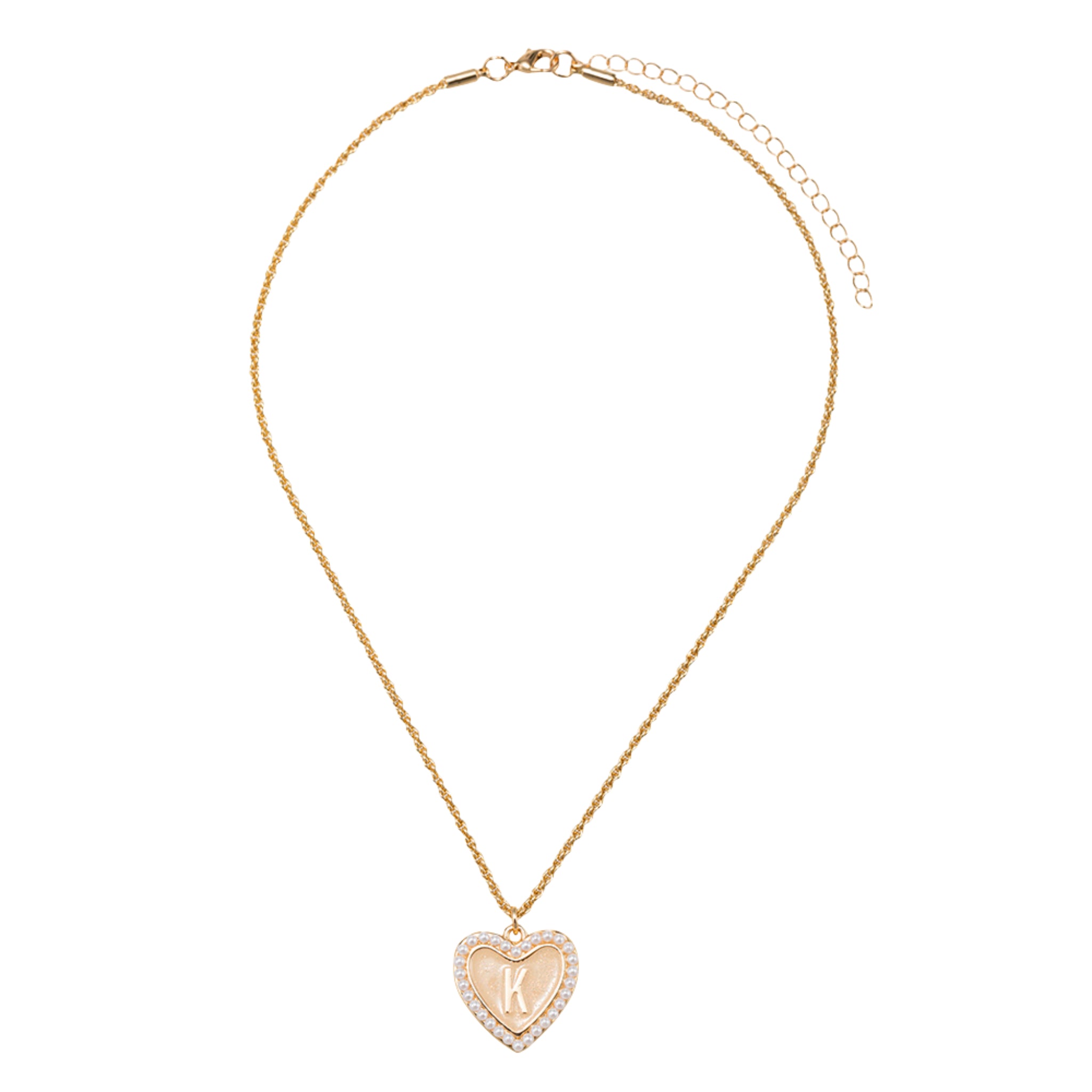 Kids Pearl Edged, Double Sided Heart with One Side Gold Bow, One Side Initial "K" Rope Necklace