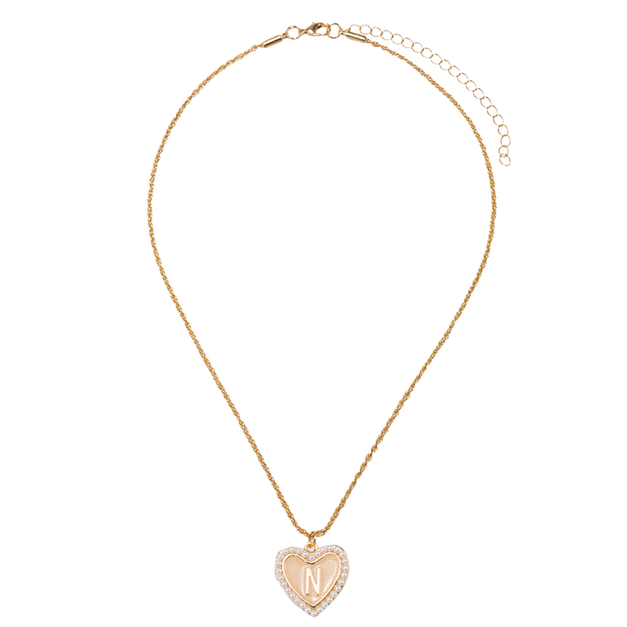 Kids Pearl Edged, Double Sided Heart with One Side Gold Bow, One Side Initial "N" Rope Necklace