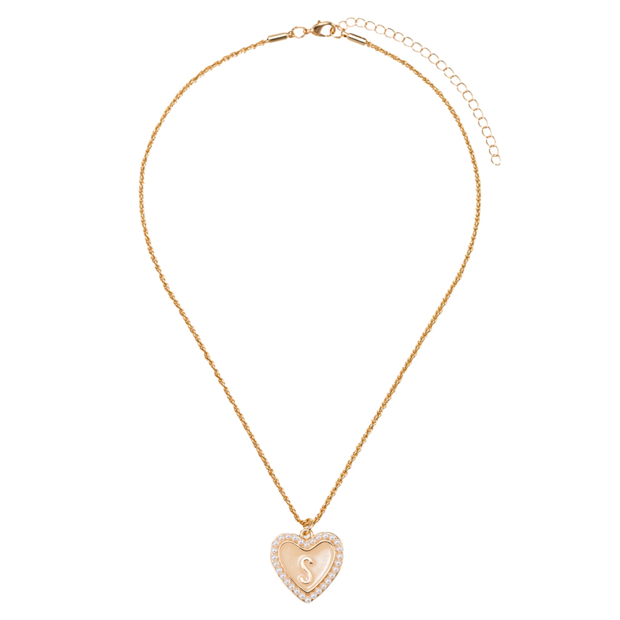 Kids Pearl Edged, Double Sided Heart with One Side Gold Bow, One Side Initial "S" Rope Necklace