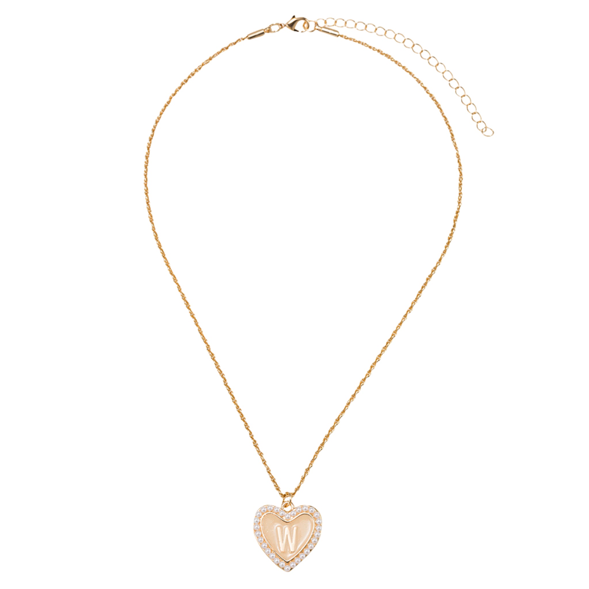 Kids Pearl Edged, Double Sided Heart with One Side Gold Bow, One Side Initial "W" Rope Necklace
