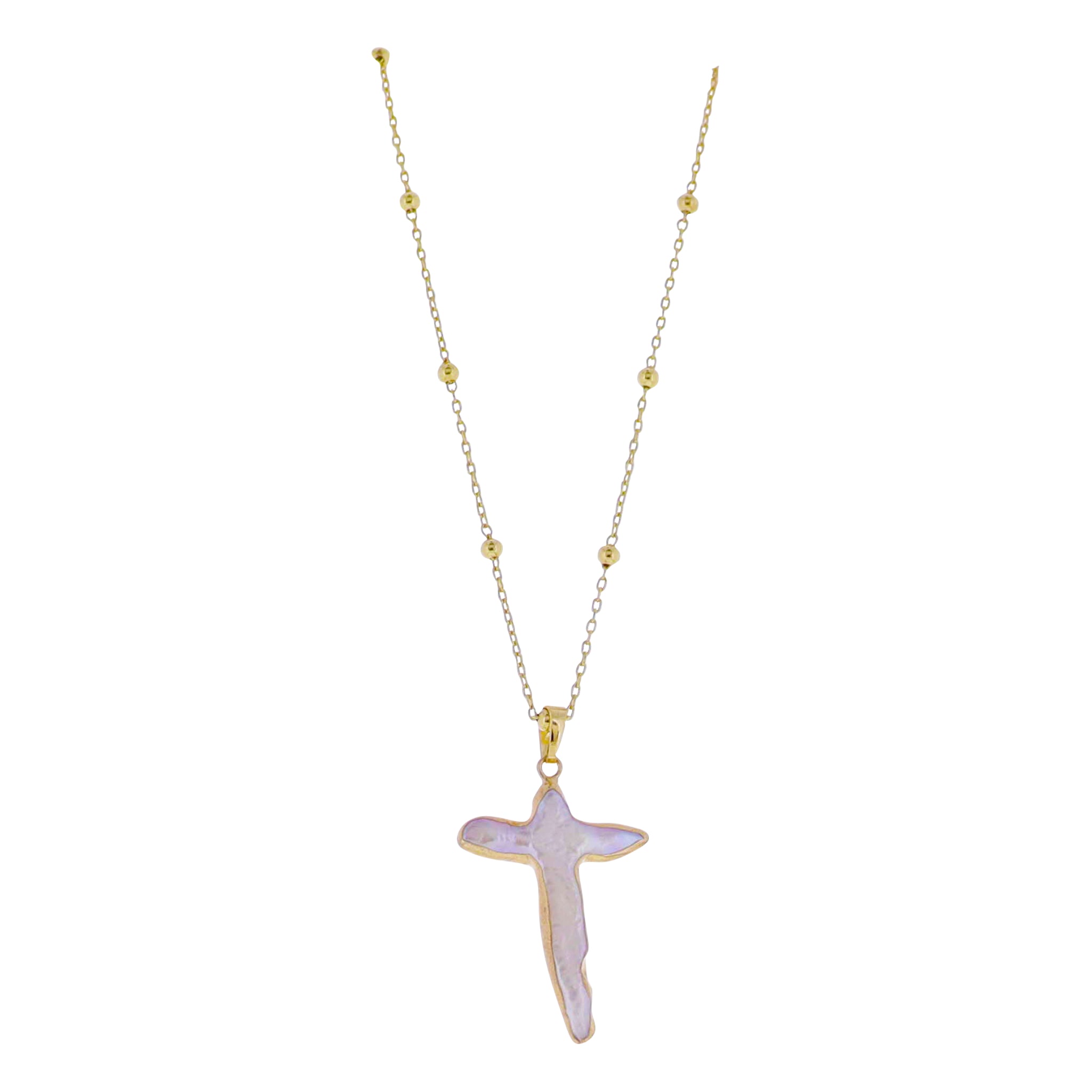 18k Gold Plated Ball Station Chain Necklace with Electroplated Pearl Cross