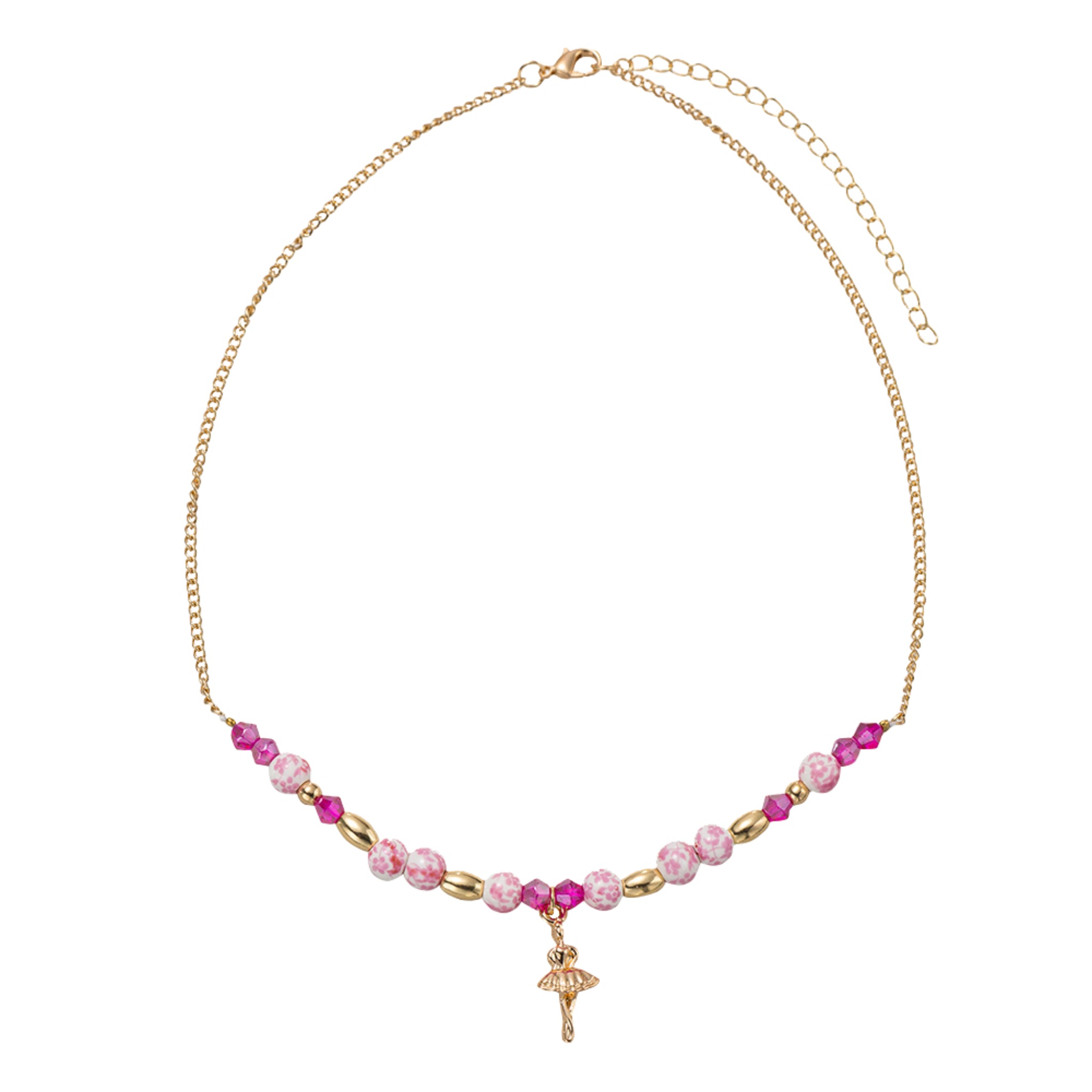Kids Pink, Pink Floral Bead Necklace with Gold Ballerina