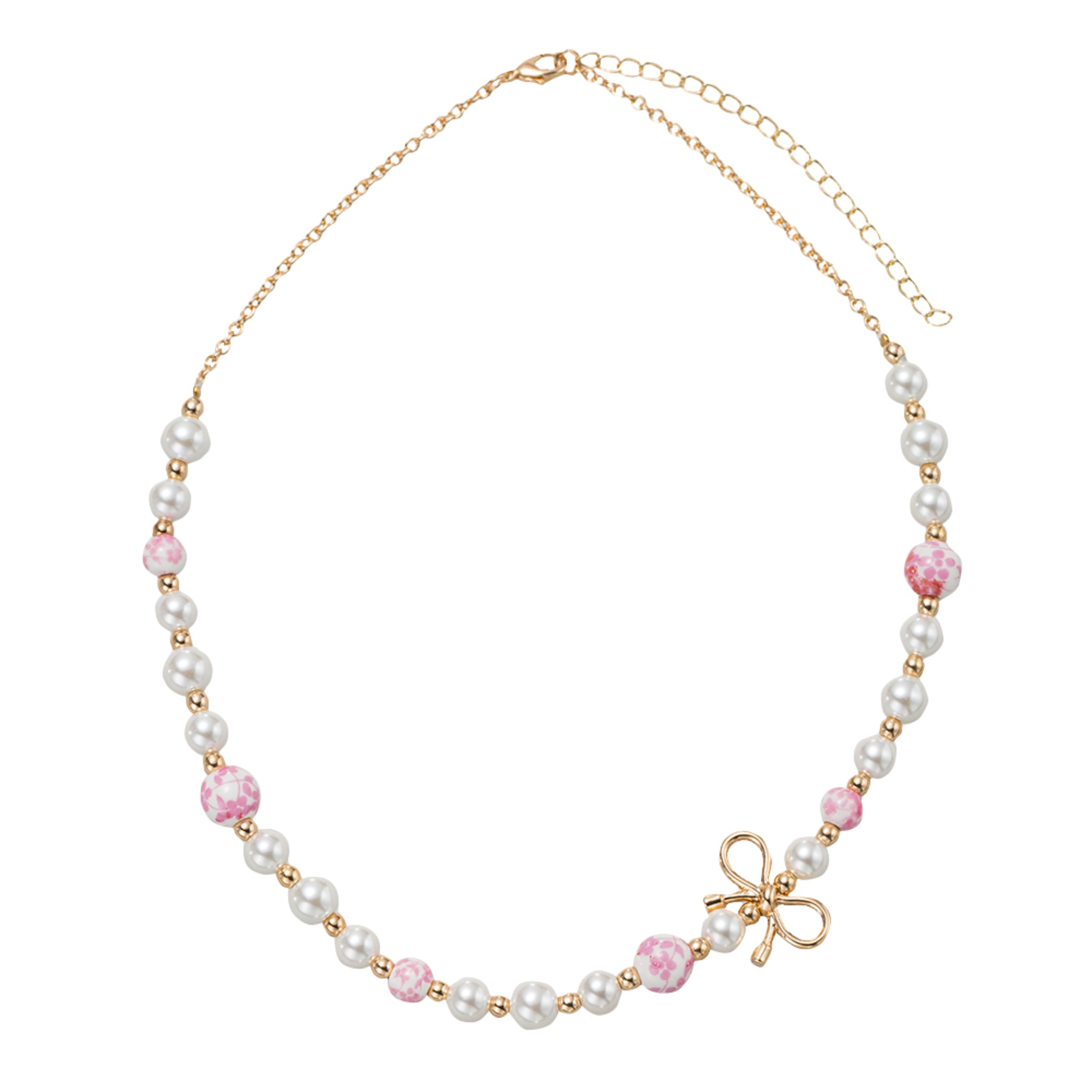 Kids Pearl, Gold, Pink Floral Bead Necklace with Gold Bow in Body