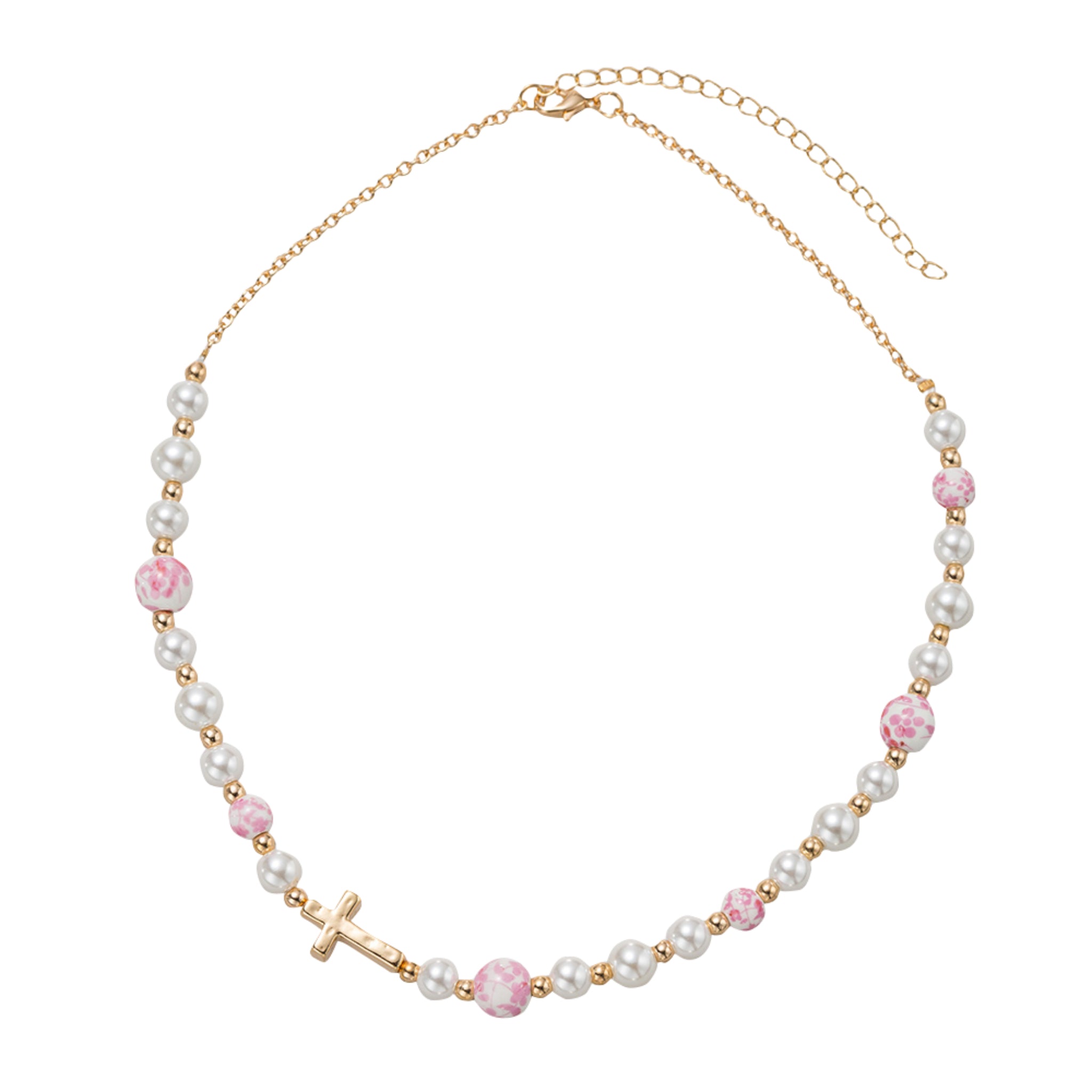 Kids Pearl, Gold, Pink Floral Bead Necklace with Gold Cross in Body