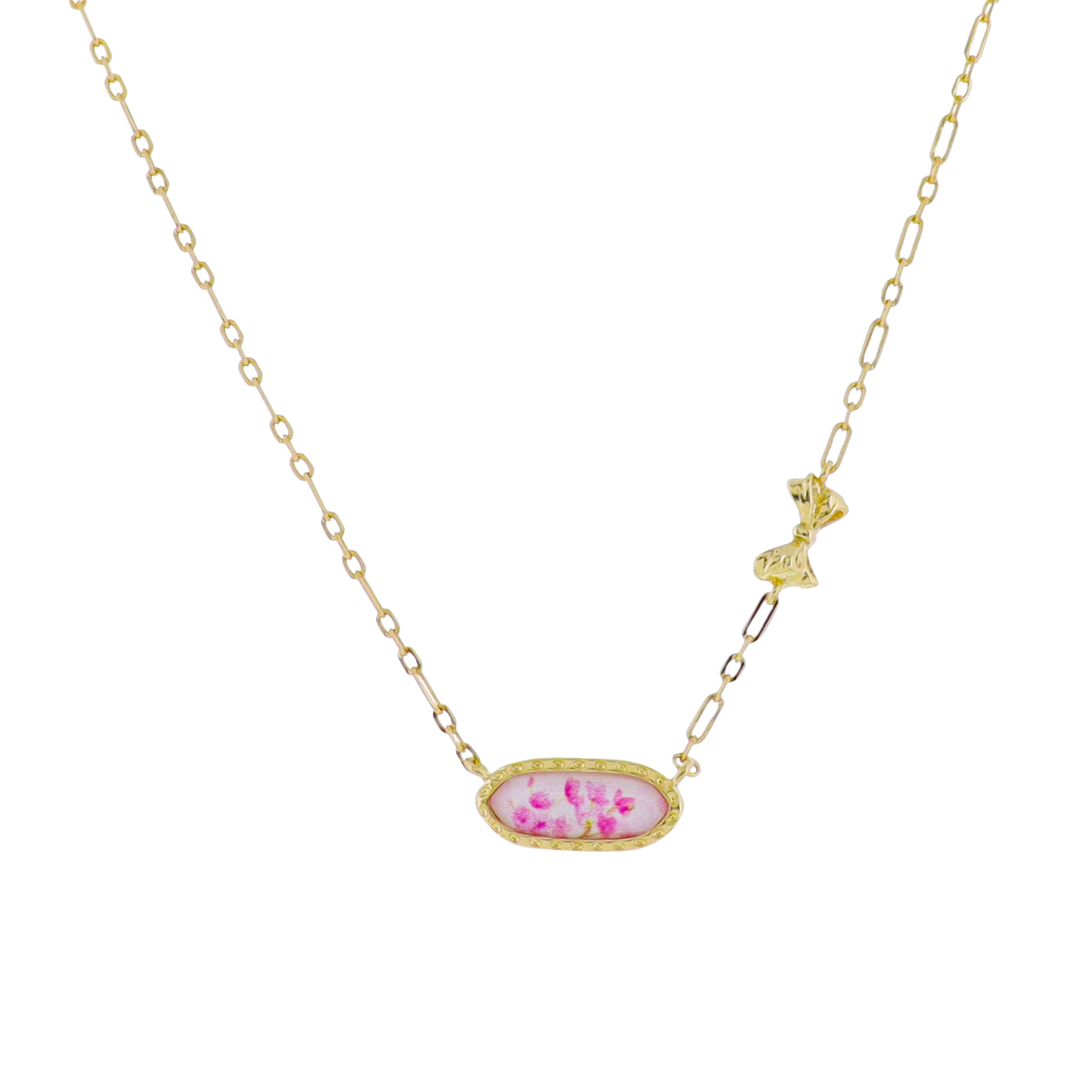 Kids 18k Gold Plated Chain Necklace with Bow Accent in Body with White, Pink Floral Epoxy Pendant