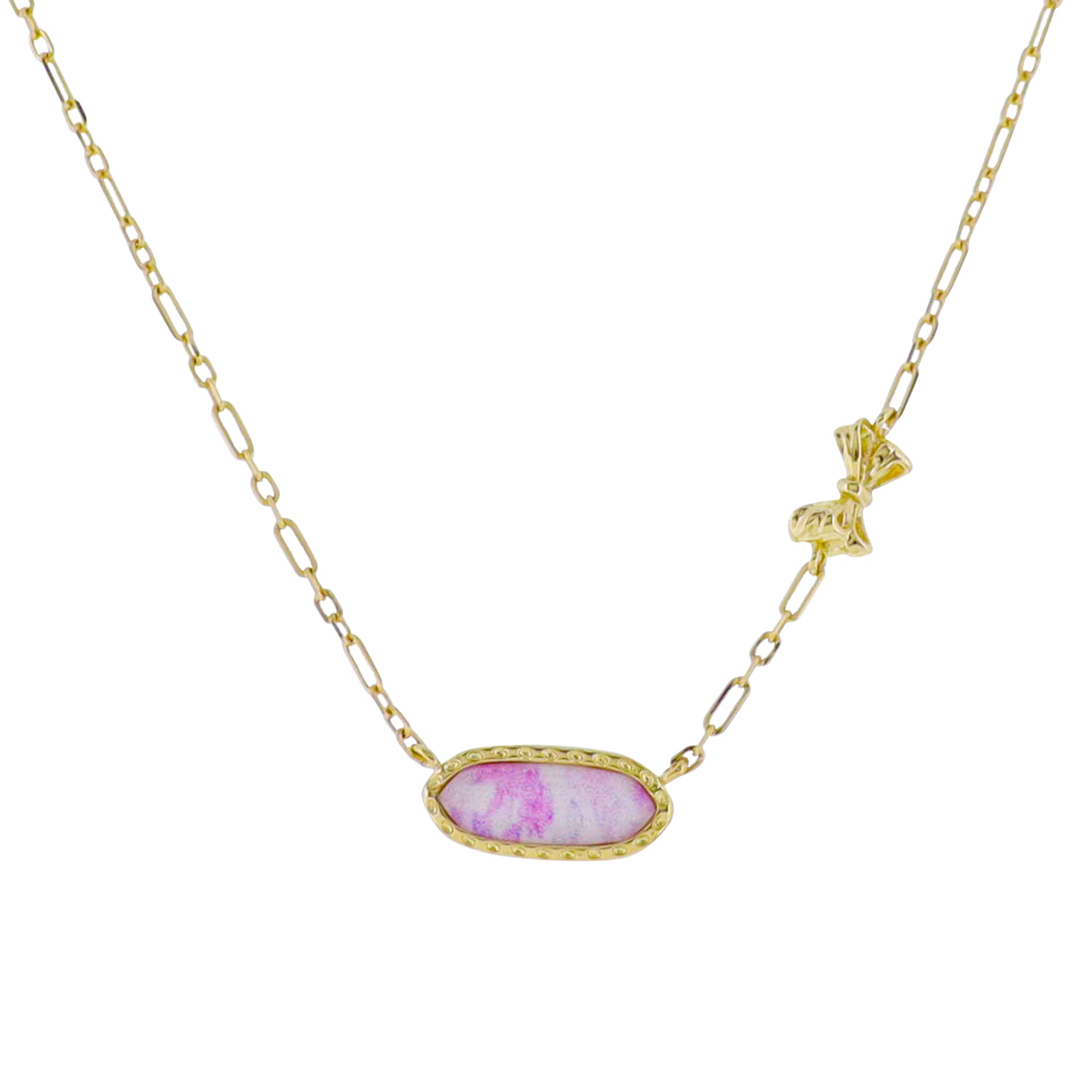 Kids 18k Gold Plated Chain Necklace with Bow Accent in Body with Pink Floral Epoxy Pendant