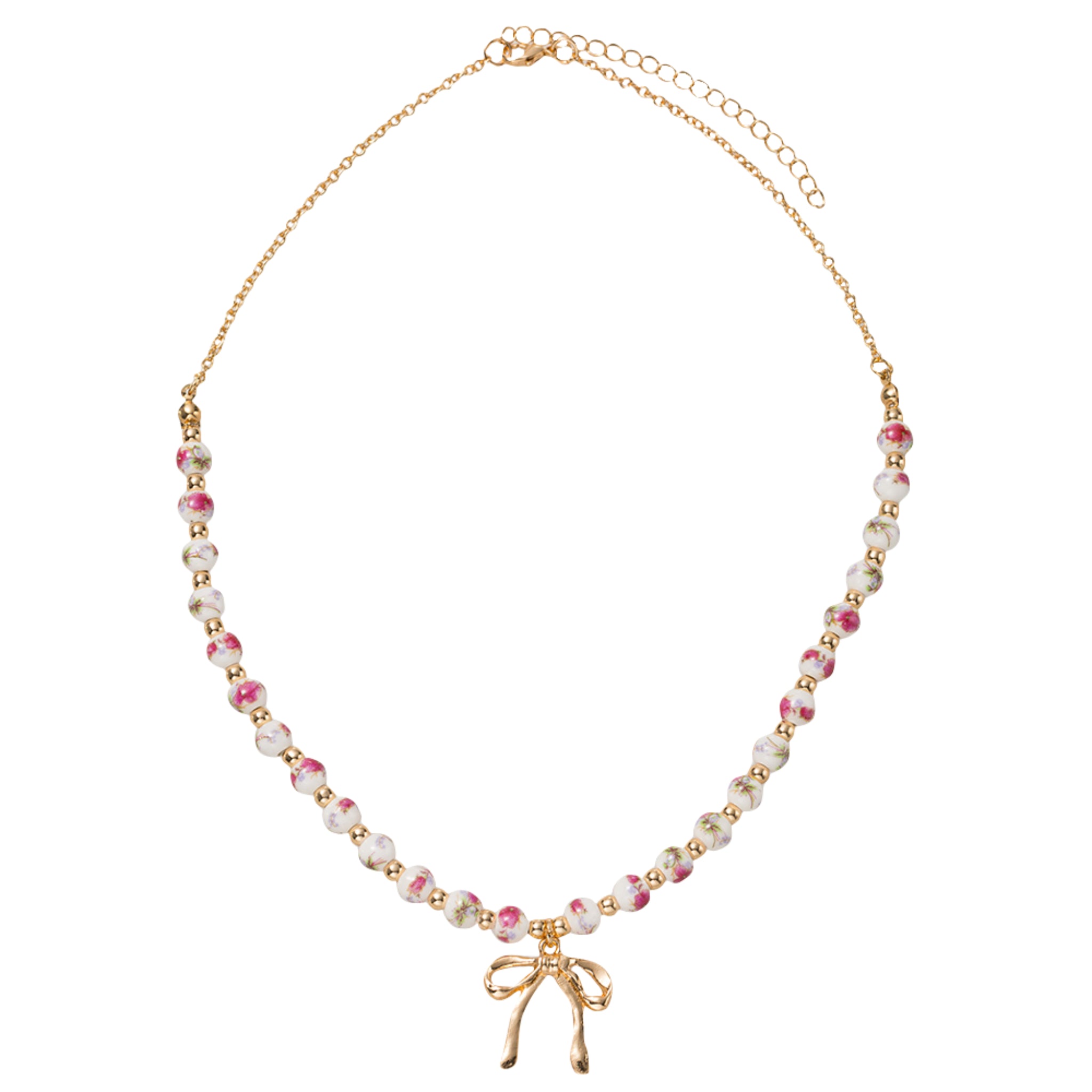 Half Pink Floral Beaded with Bow O Chain Necklace