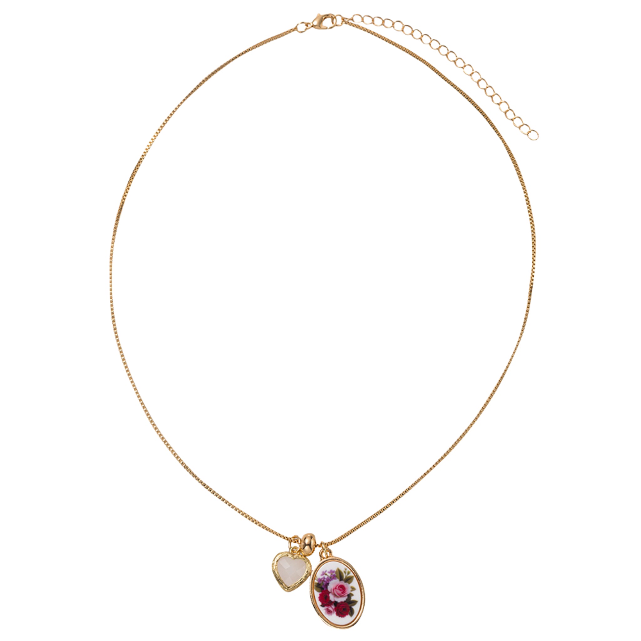 Floral Oval and Heart Charms Box Necklace