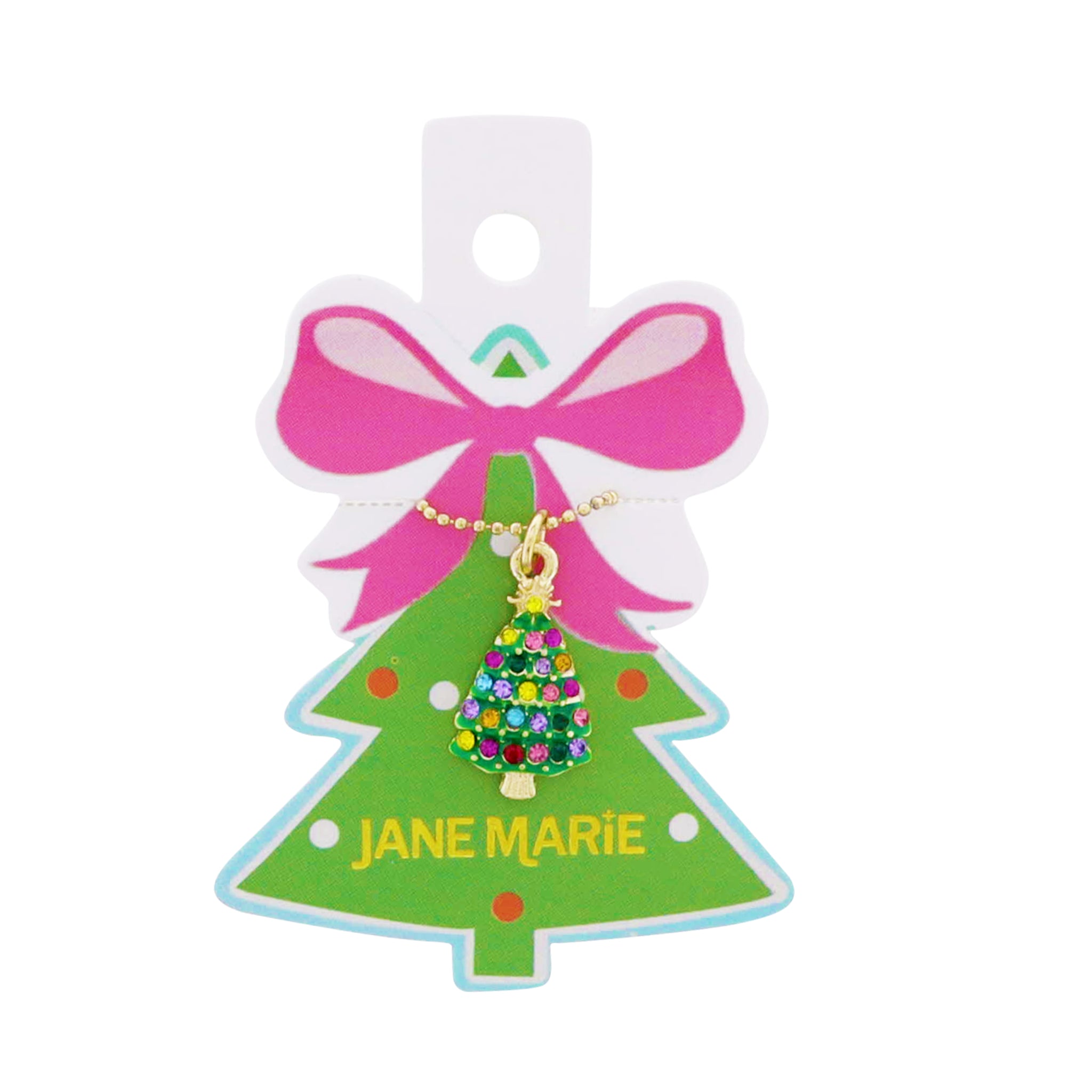 Gold Ball Chain Necklace with Green, Red, Pink Christmas Tree