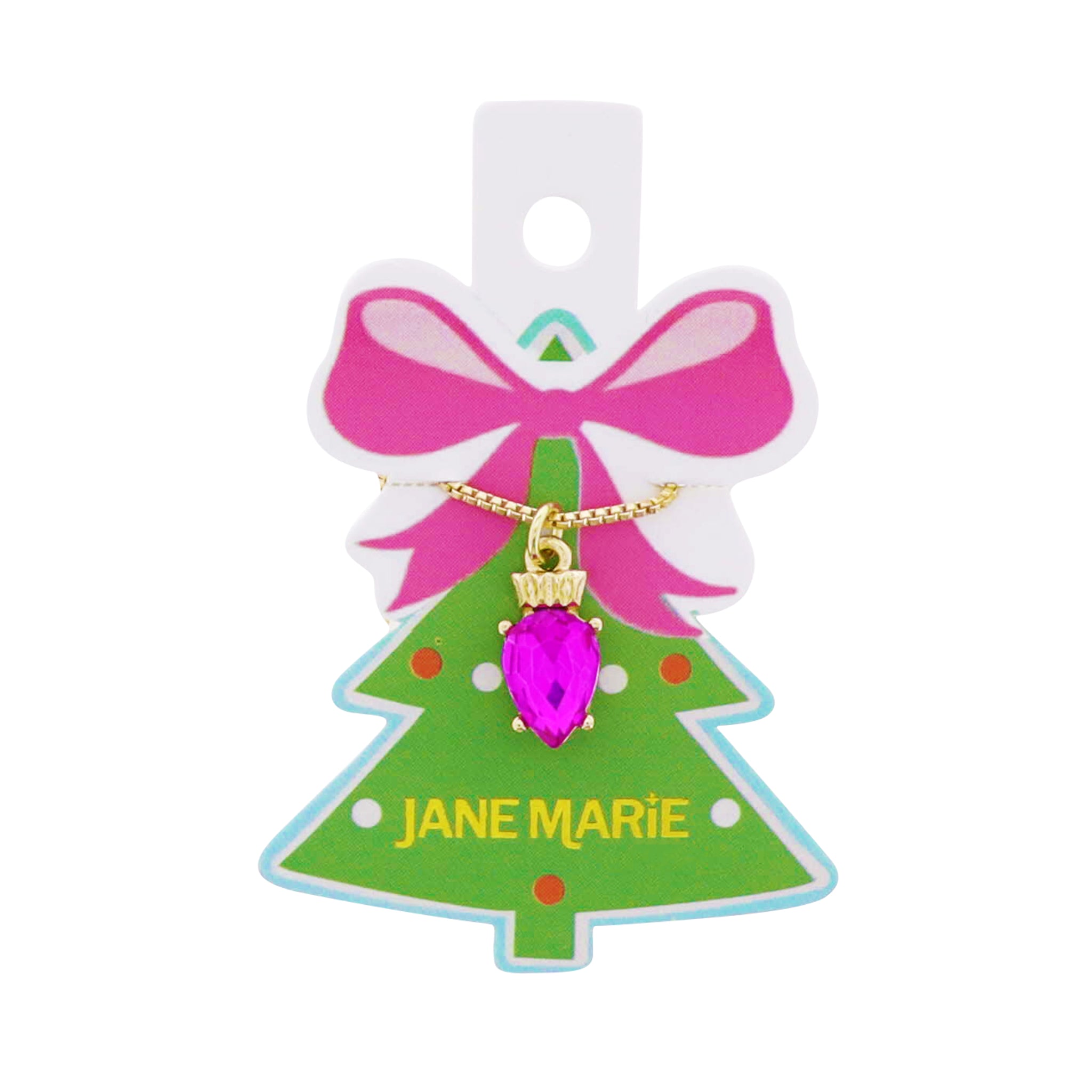 Gold Box Chain Necklace with Hot Pink Christmas Bulb