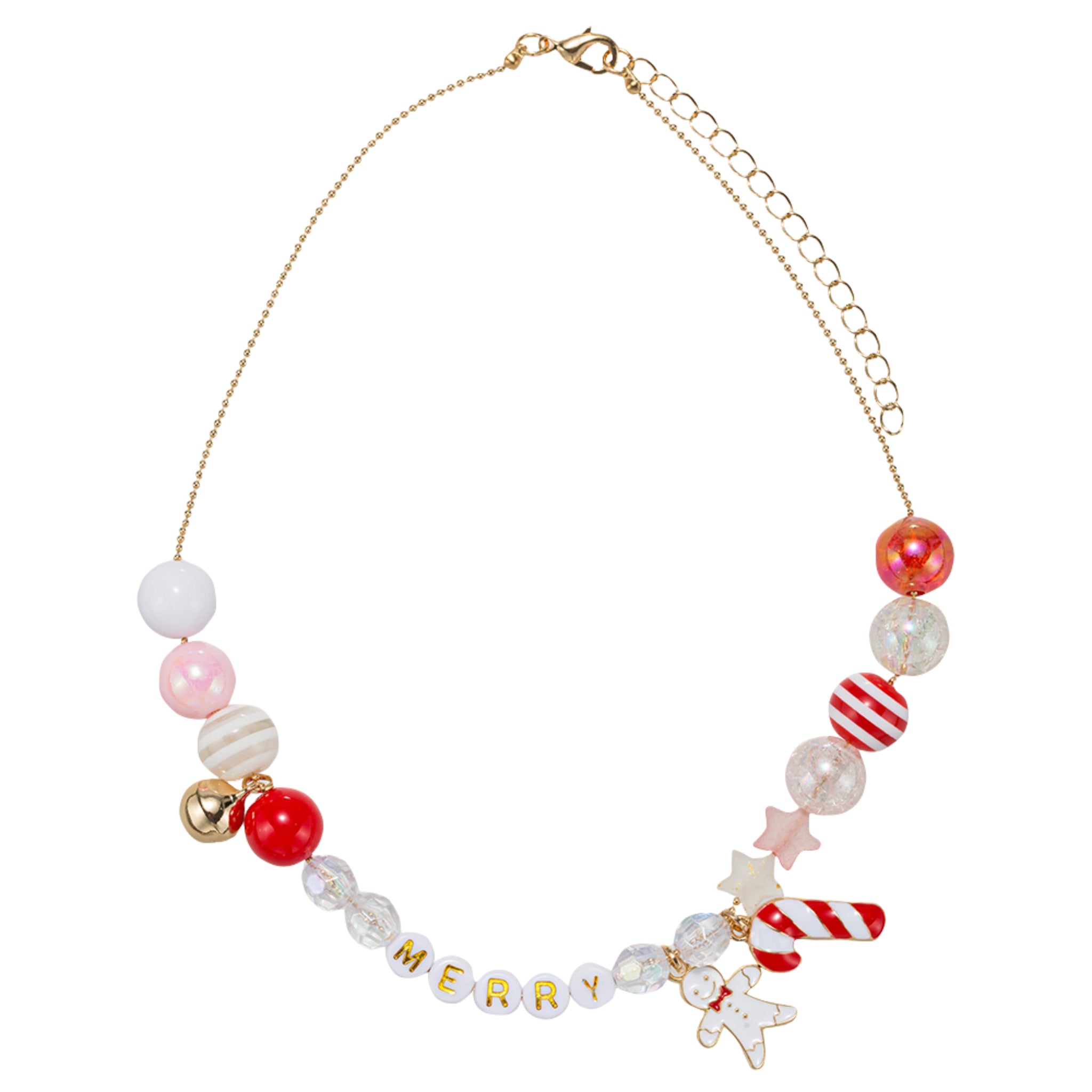 Kids Red, Striped, Pink Large Beaded Necklace with Gingerbread Man, Candy Cane, Bell & "Merry"
