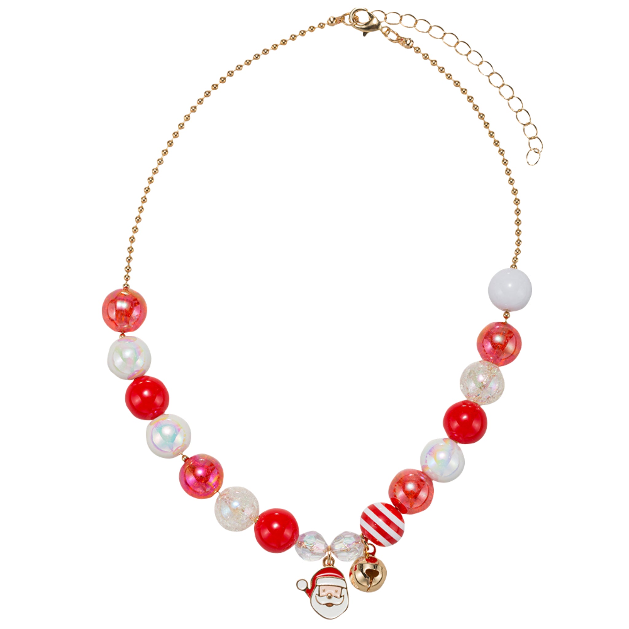 Kids Red, White, Clear, Striped Large Beaded Necklace with Santa, Bell