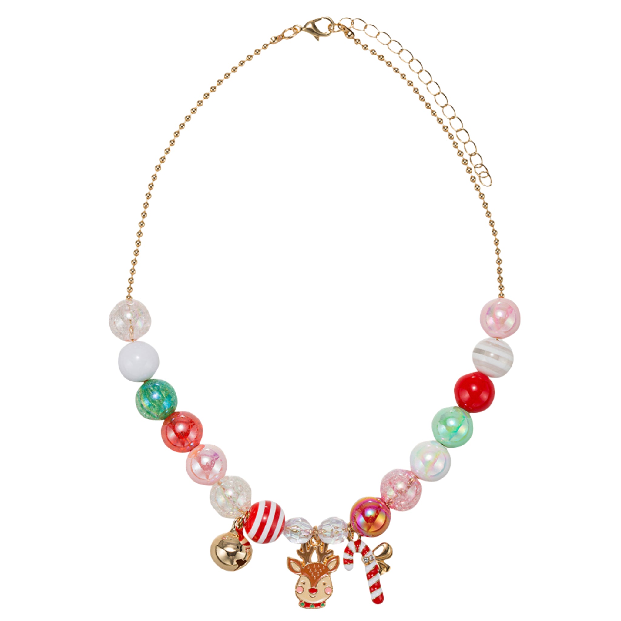 Kids Red, Green, White, Pink, Striped Large Beaded Necklace with Bell, Reindeer, Candy Cane