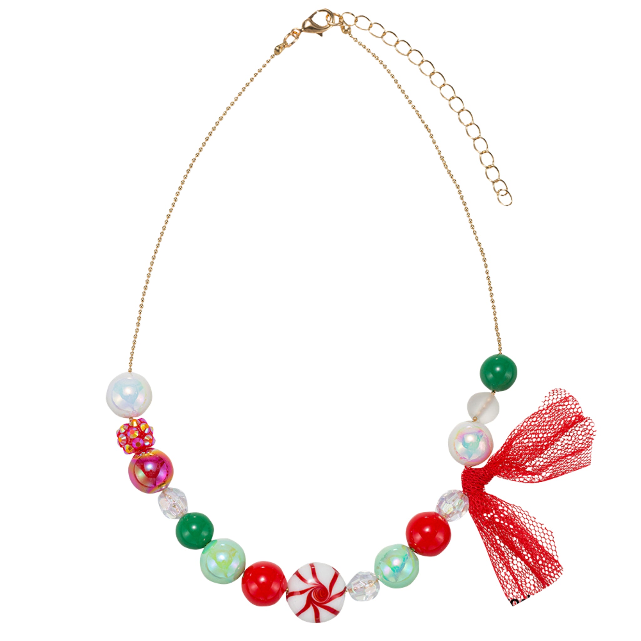 Kids Green, Red, White, Clear Large Beaded Necklace with Peppermint