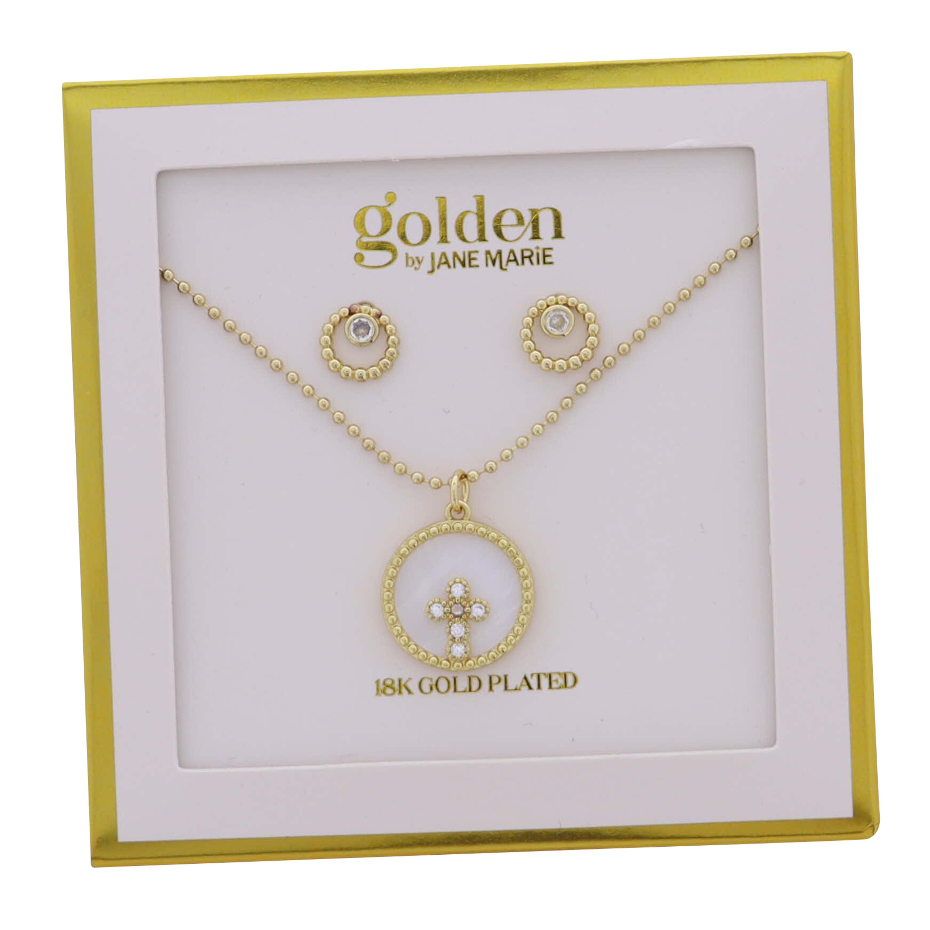 18K Gold Plated Ball Chain Necklace Pearl Shell Circle with Crystal Cross & Coordinating Studs