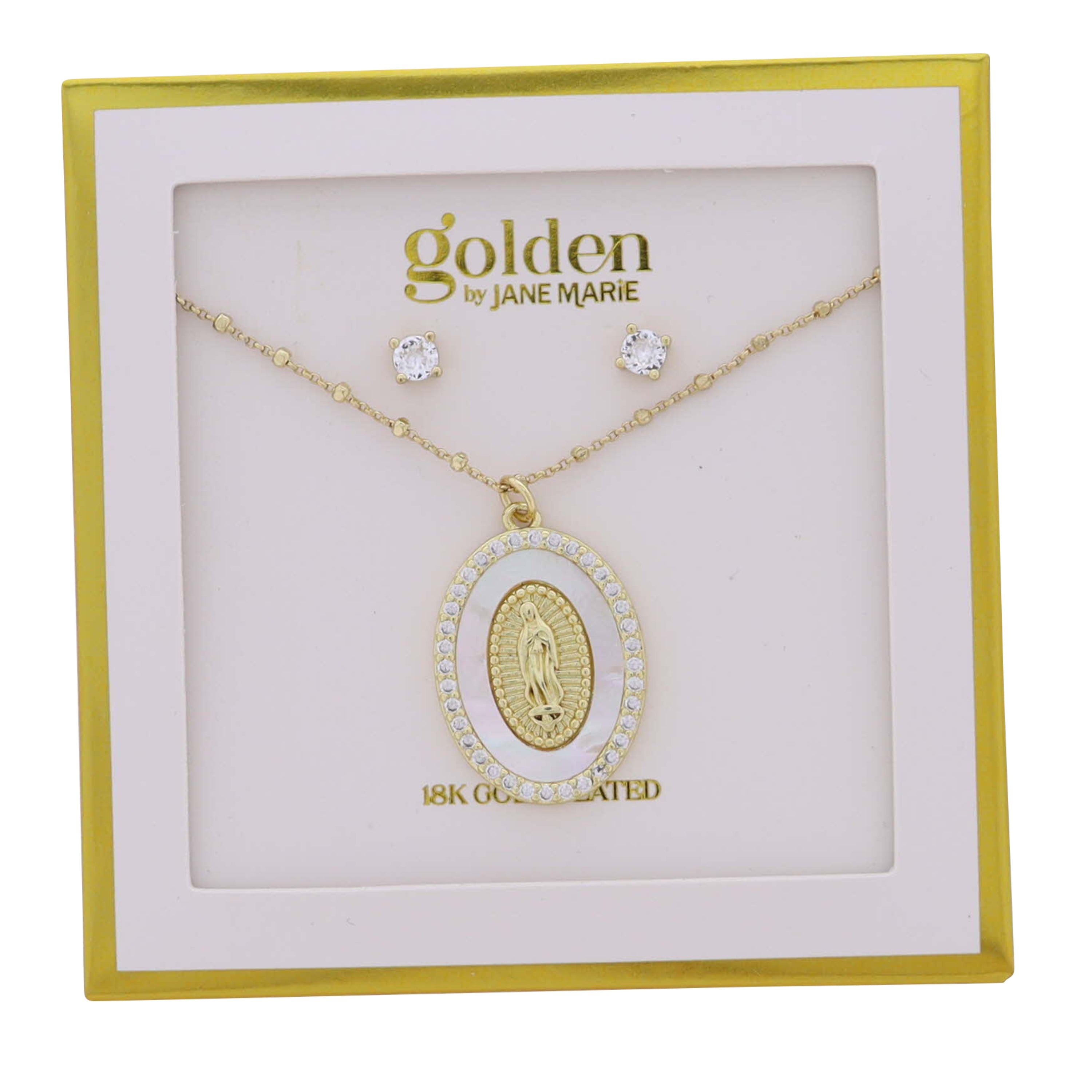 18K Gold Plated Square Ball Chain Necklace Pearl Shell with Mother Mary Center, Crystals & Studs