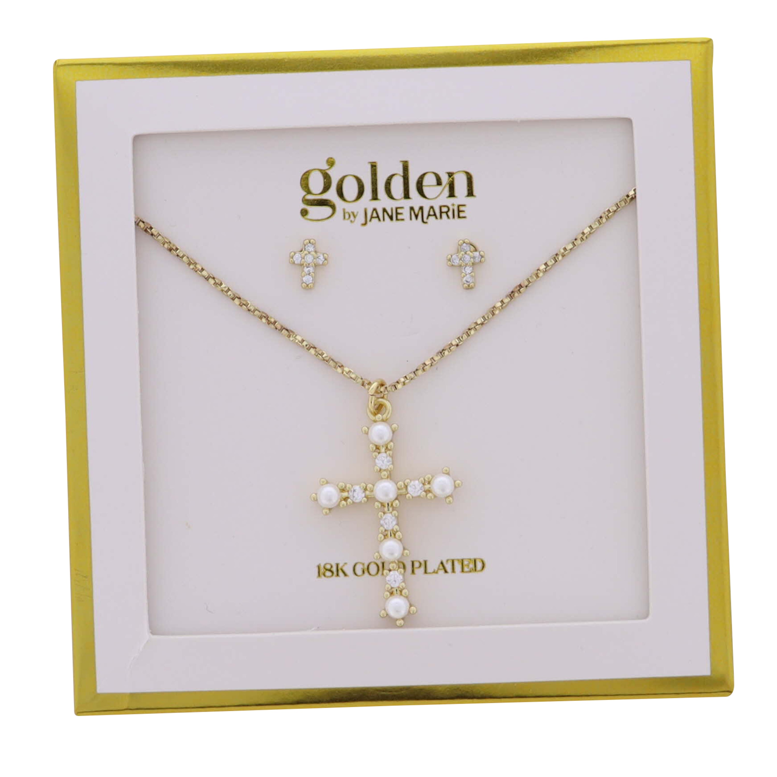 18K Gold Plated Box Chain Necklace Pearl, Clear Crystal Studded Cross & Coordinating Studs