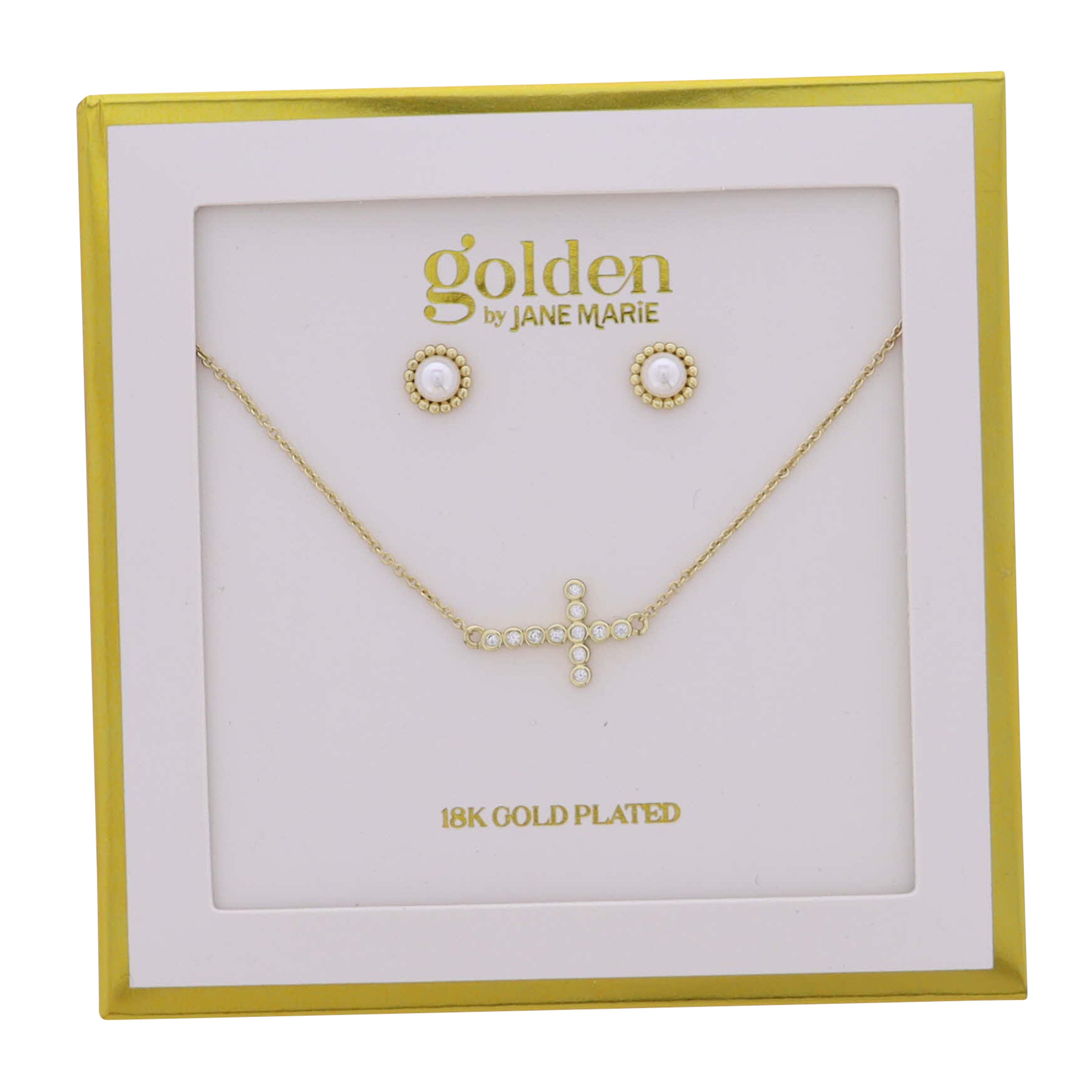 18K Gold Plated Rolo Chain Necklace Circle Crystal Sideways Cross & Coordinating Studs
