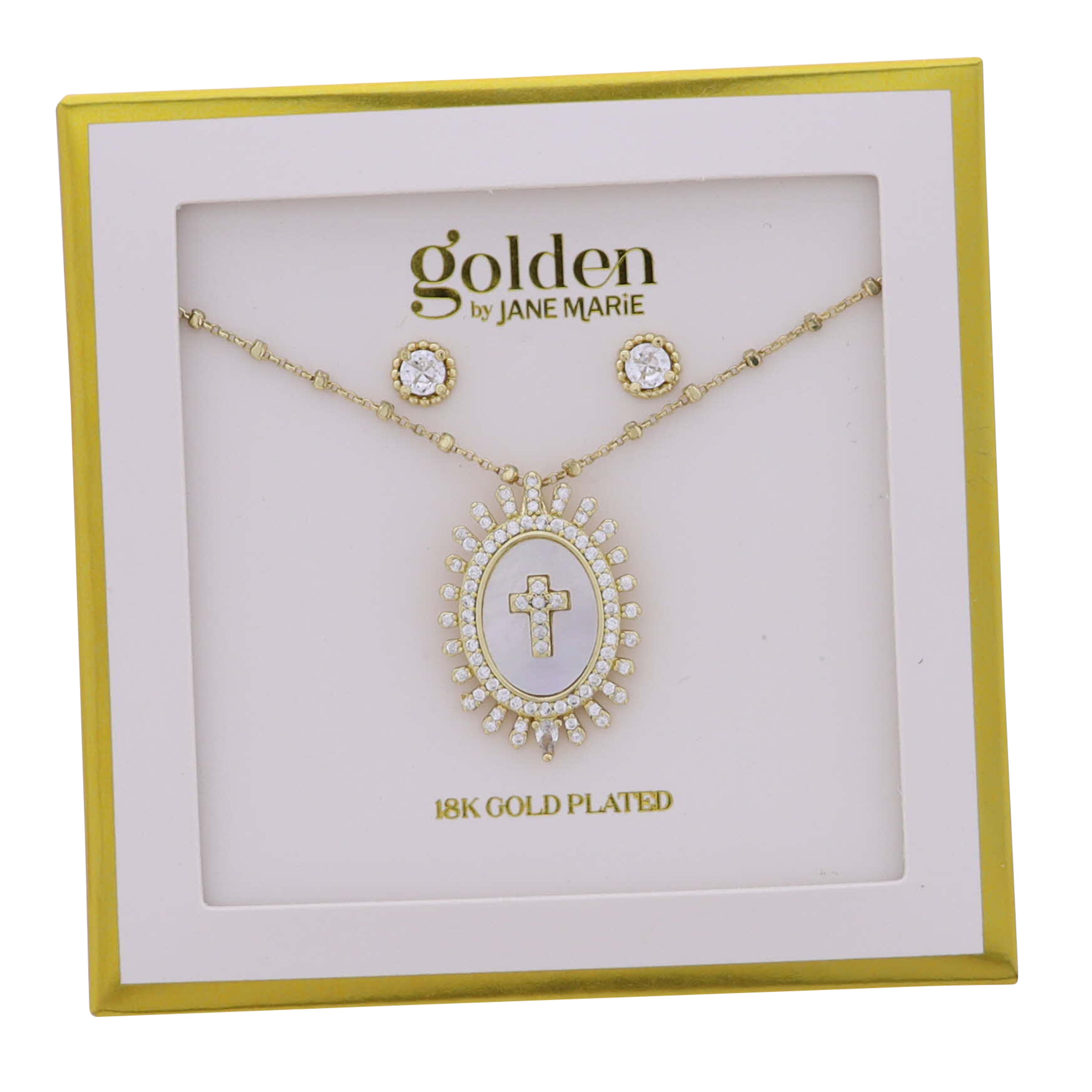 18K Gold Plated Square Ball Chain Necklace Pearl Shell Oval with Cross, Crystal Studded Edges