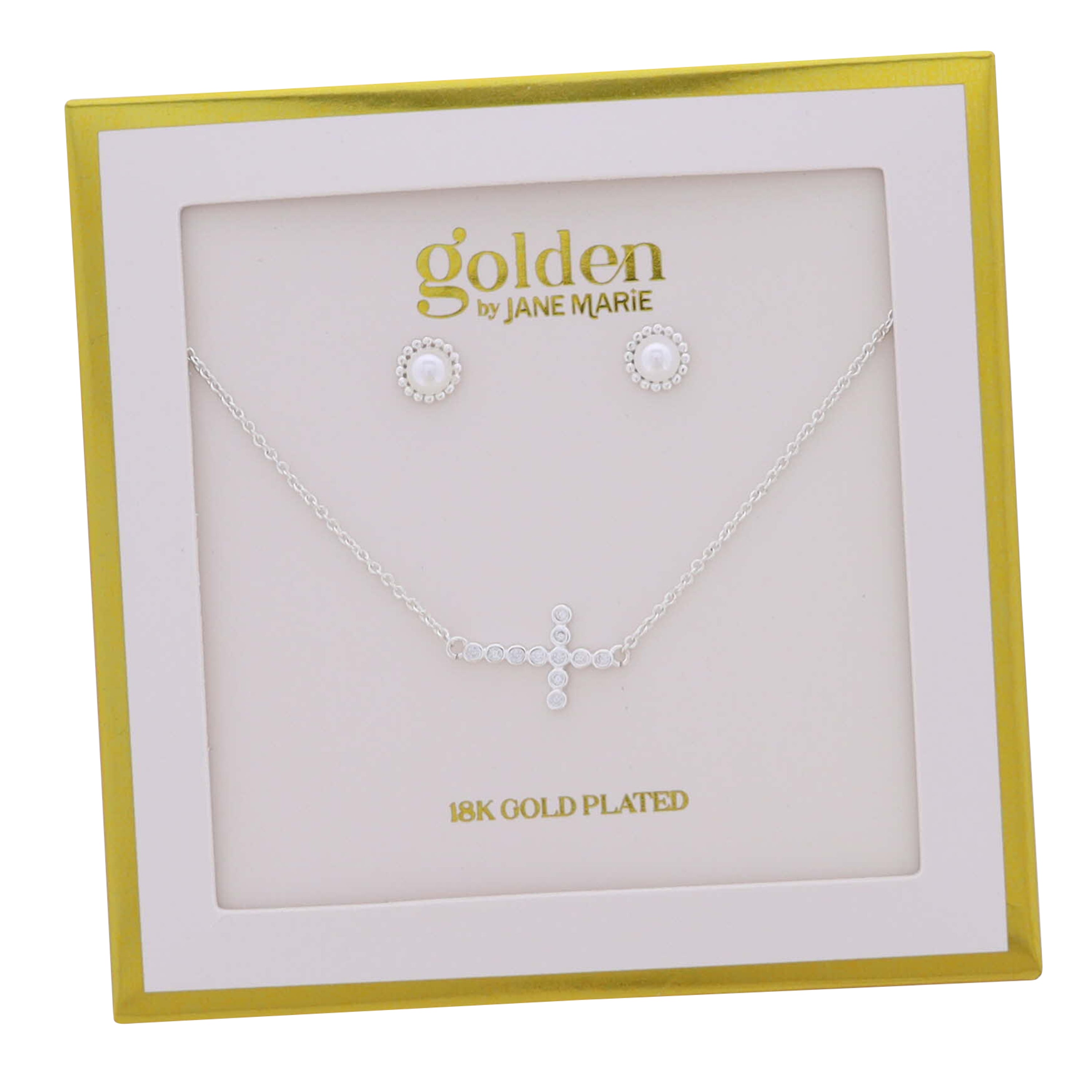 18K Gold Plated Silver Rolo Chain Necklace Circle Crystal Sideways Cross & Coordinating Studs