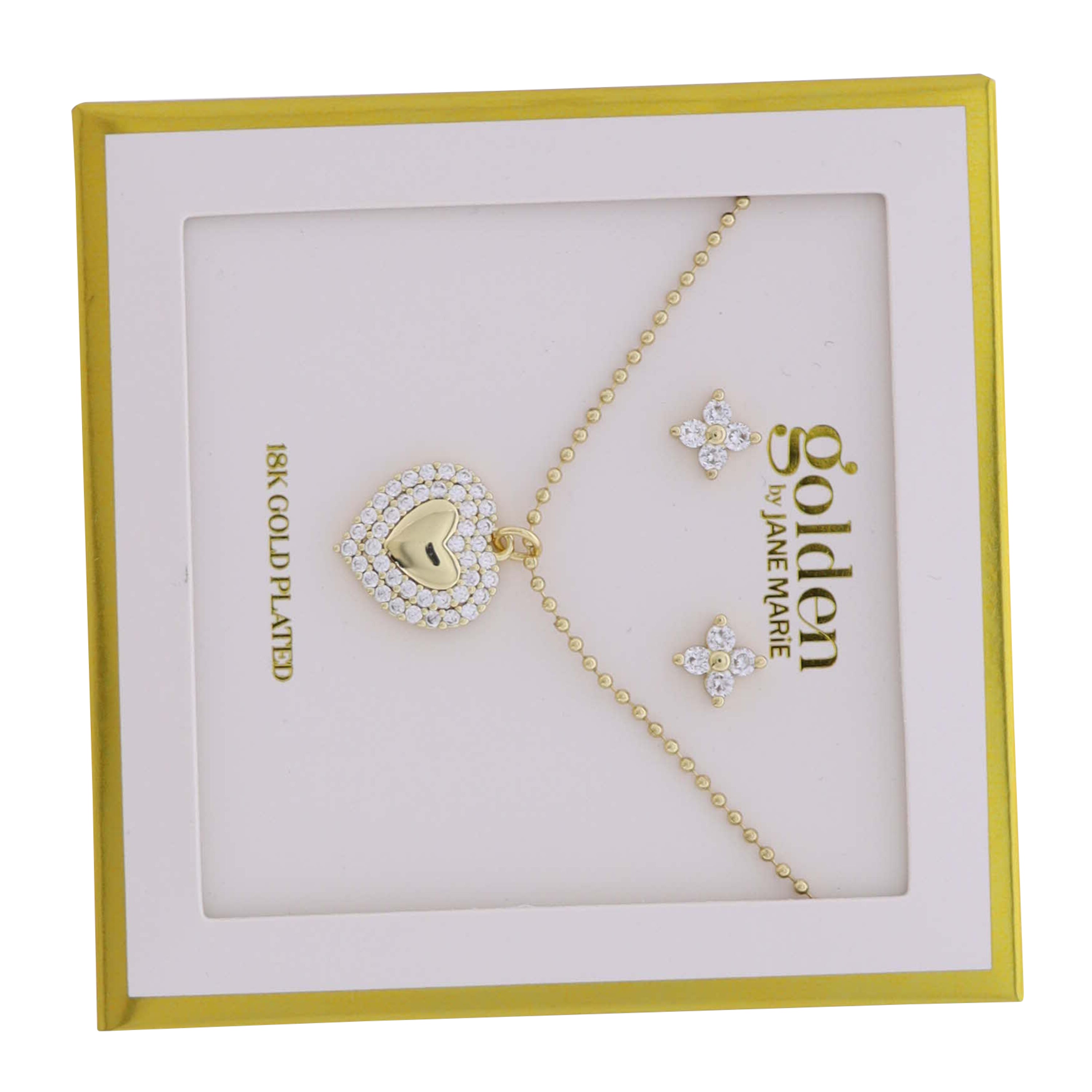18K Gold Plated Ball Chain Necklace Gold Heart with Clear Crystal Edges & Coordinating Studs
