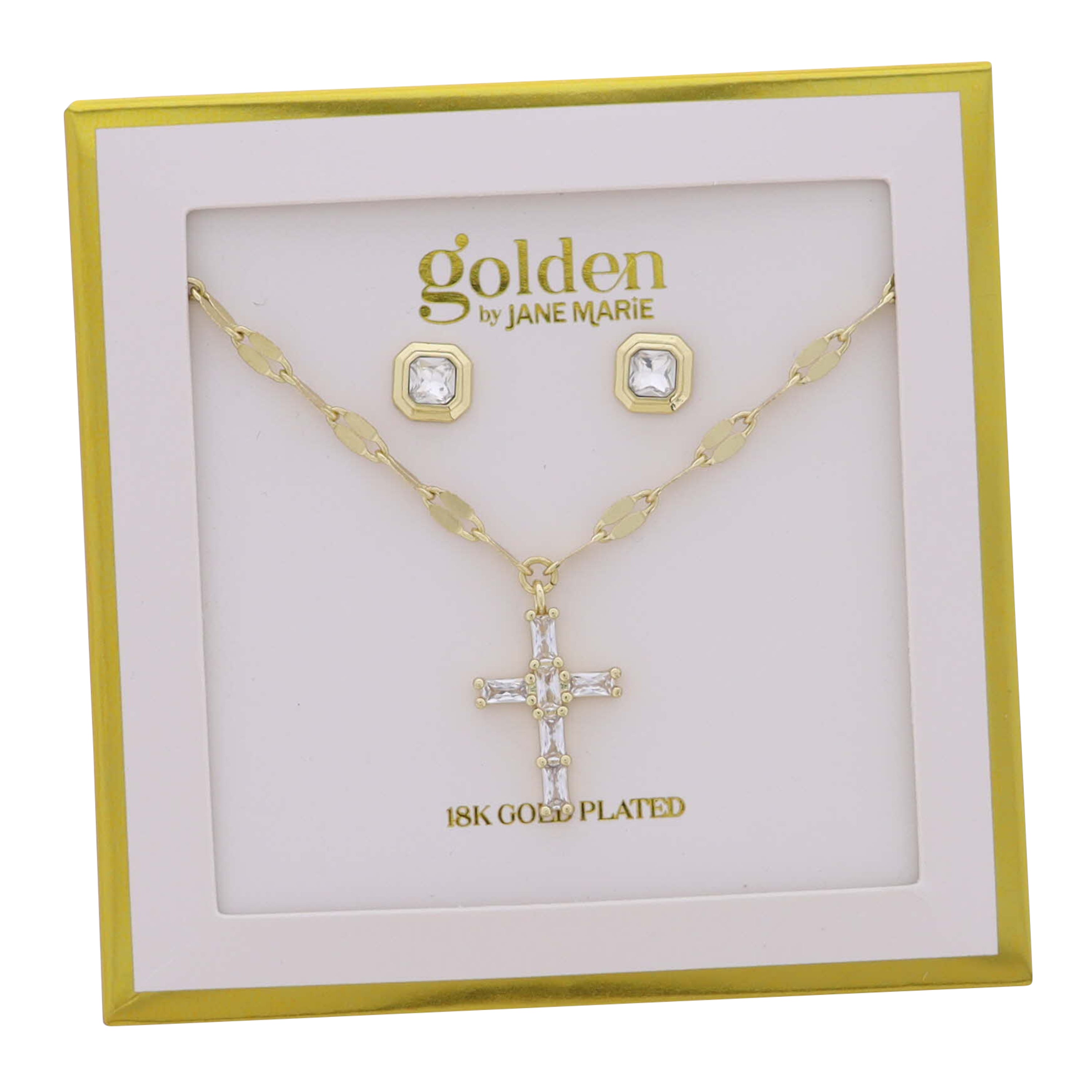 18K Gold Plated Press Flat Link Chain Necklace Clear Crystal Rectangle Cross & Studs
