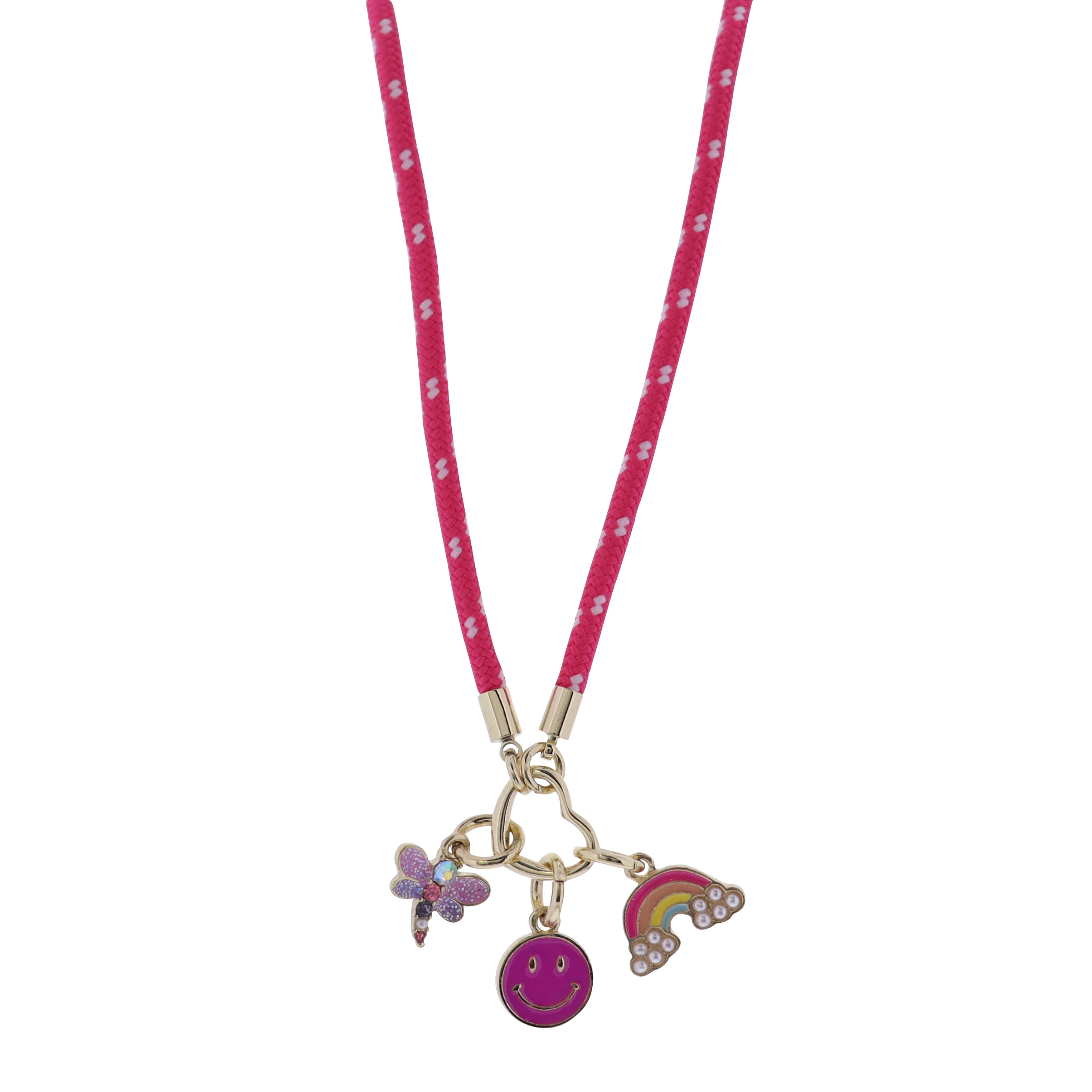 Hot Pink, White Paracord Rope Necklace with Smiley Face, Rainbow, Dragon Fly Charms Gold Carabiner