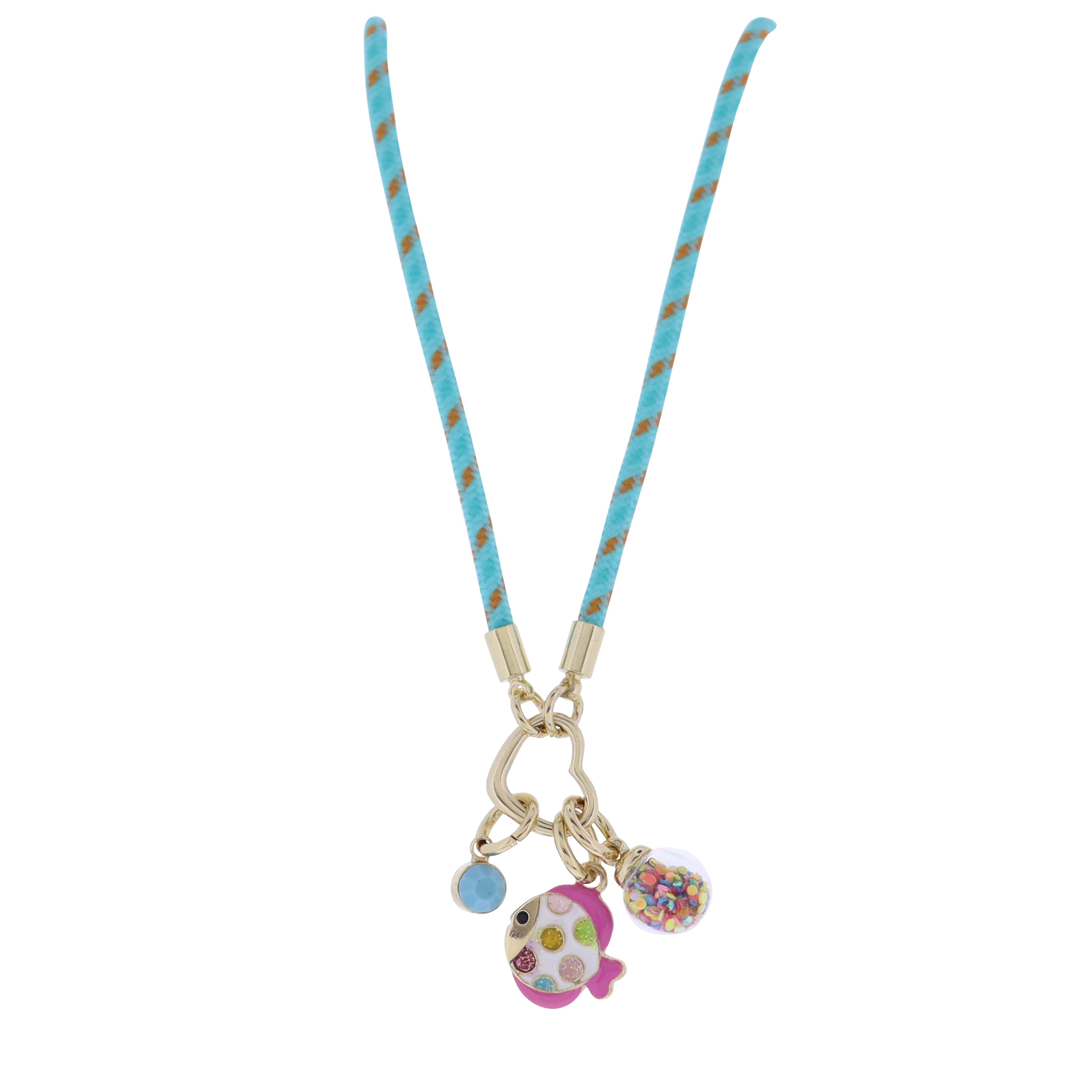 Turquoise, Orange Paracord Rope Necklace with Fish, Multi Confetti Globe Charms Gold Carabiner