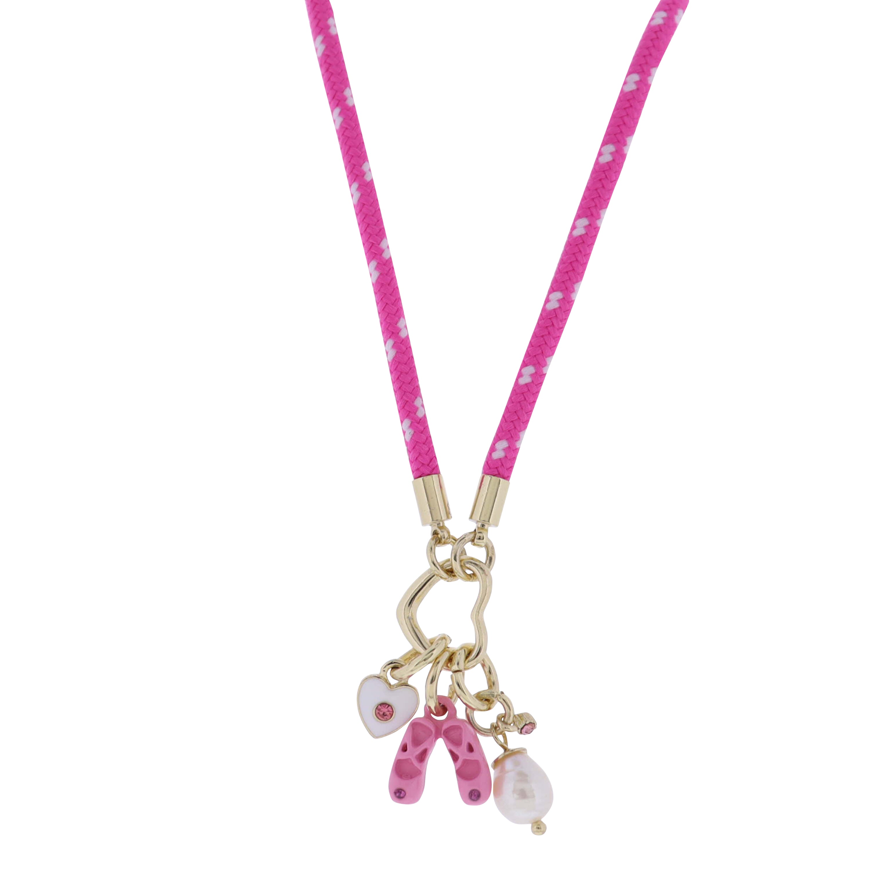 Fuschia, White Paracord Rope Necklace with Ballet Slippers, Heart, Pearl Charms Gold Carabiner