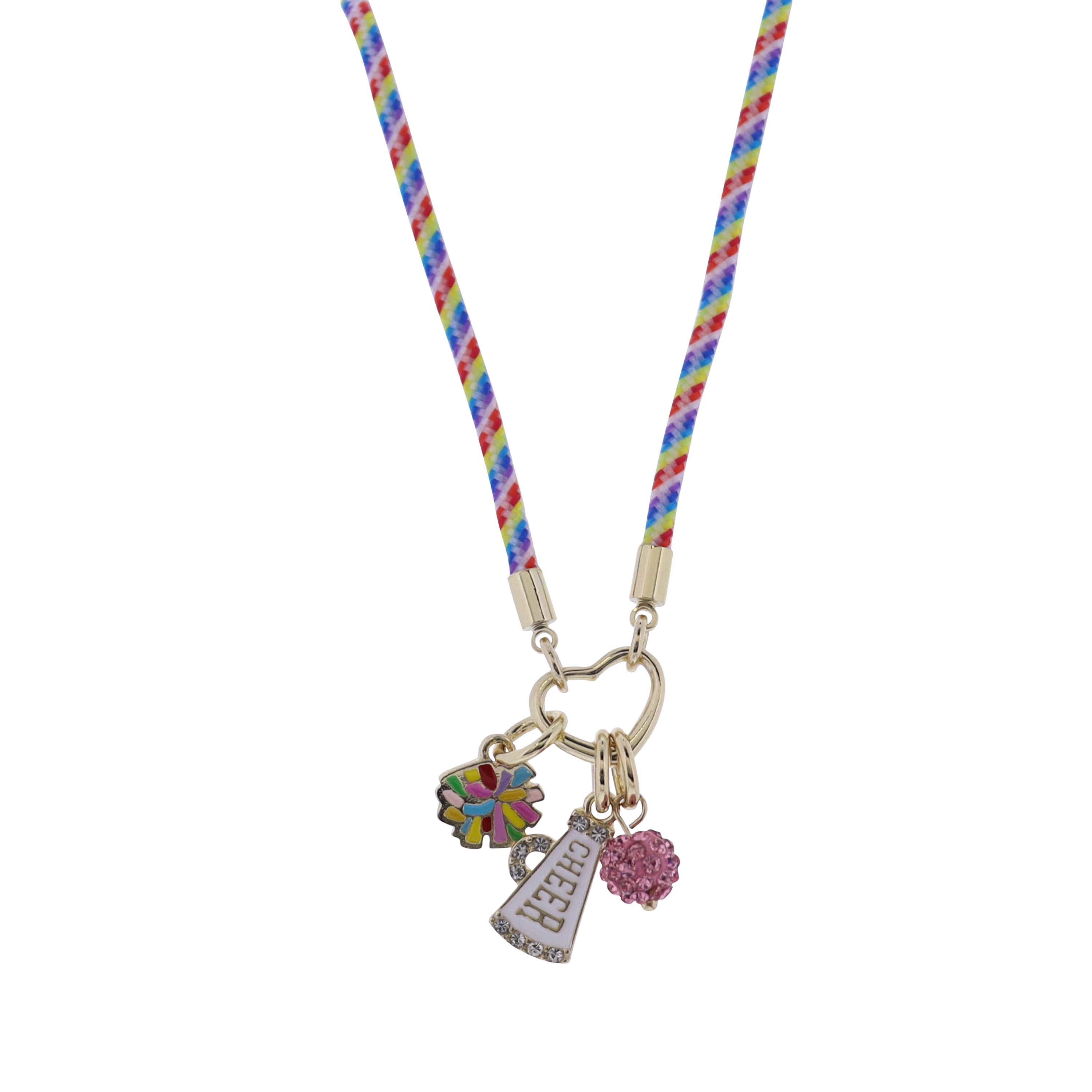 Multi Paracord Rope Necklace with Pom Pom, Megaphone, Crystal Ball Charms Gold Carabiner