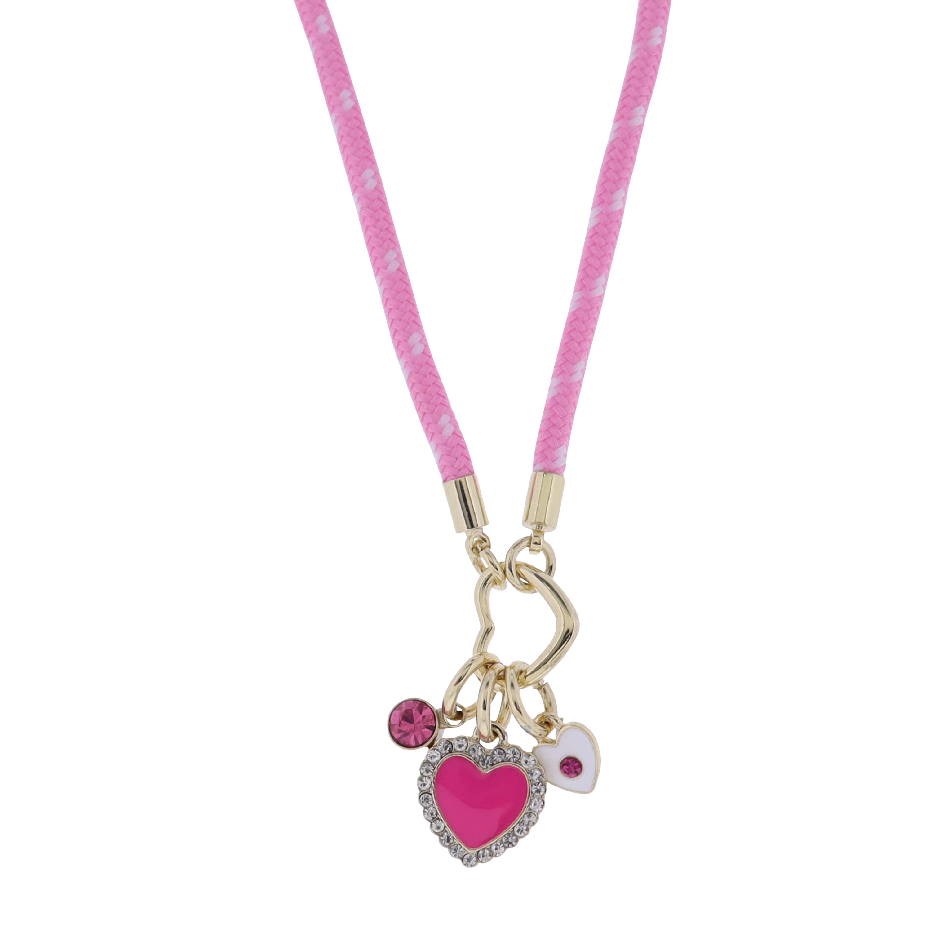 Pink, White Paracord Rope Necklace with Hearts & Pink Crystal Charms Gold Carabiner