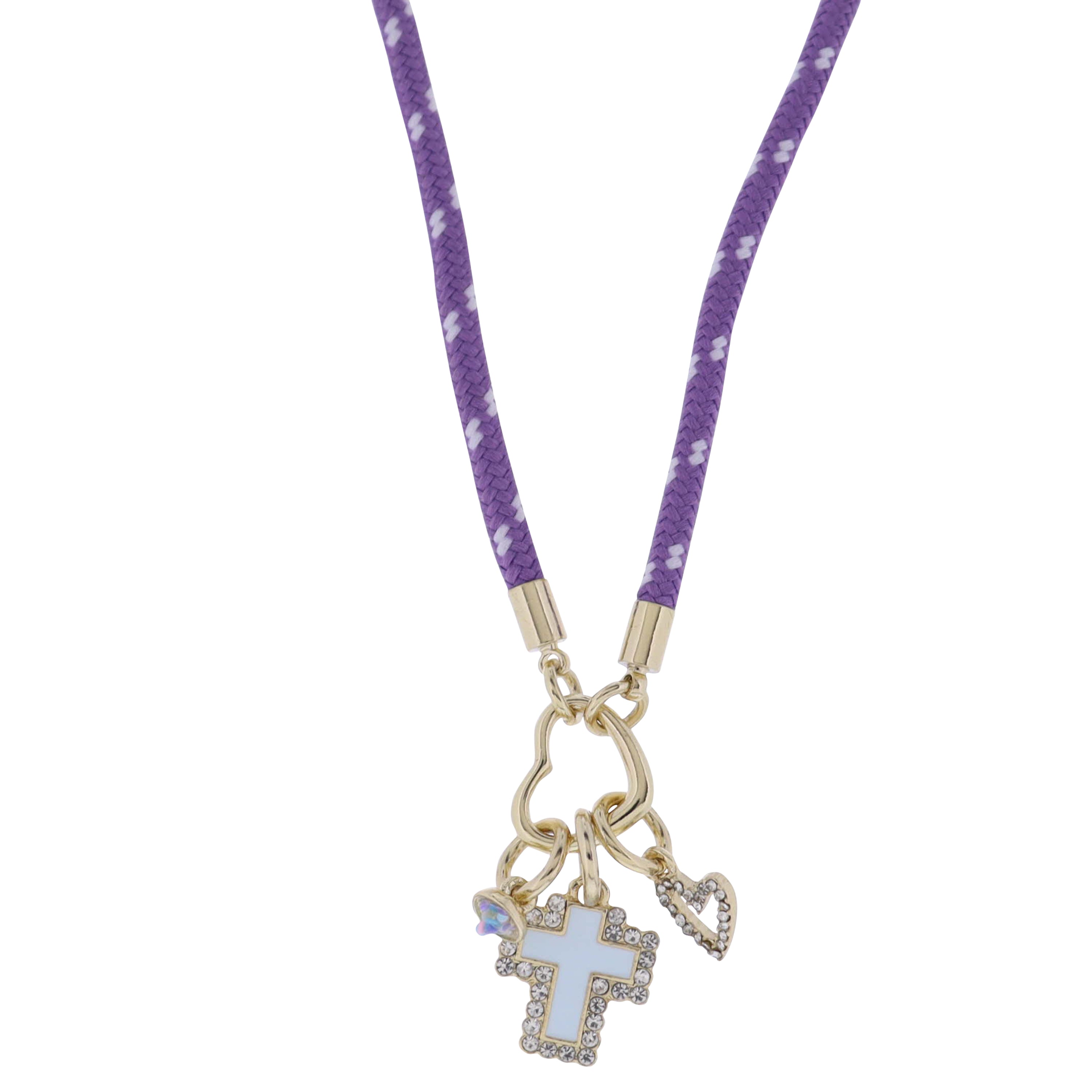 Purple, White Paracord Rope Necklace with Cross, Confetti Globe, Crystal Hearts Gold Carabiner