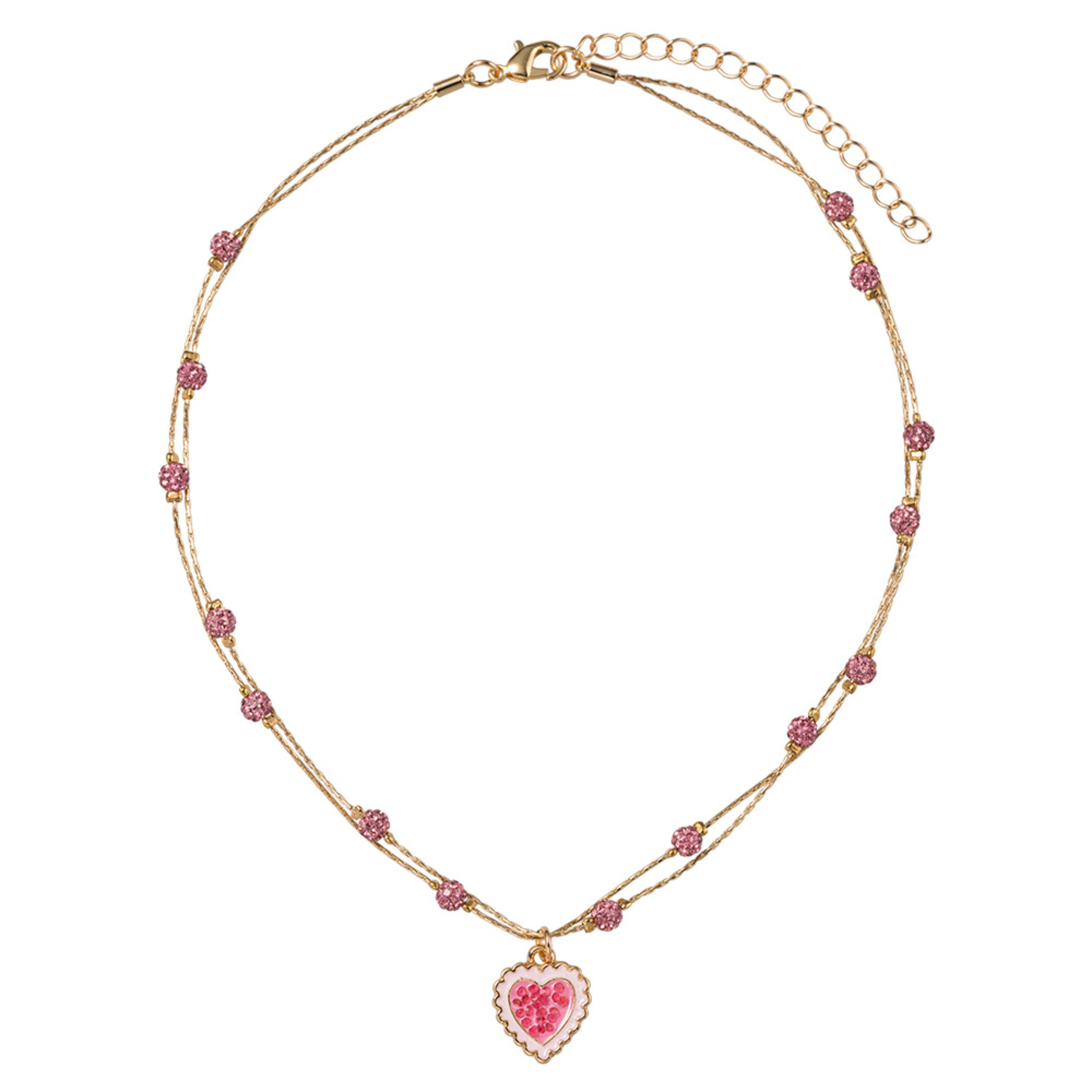 Kids Pink Pave Crystal Disco Ball Beads, 2 Layer Necklace with Pink Heart