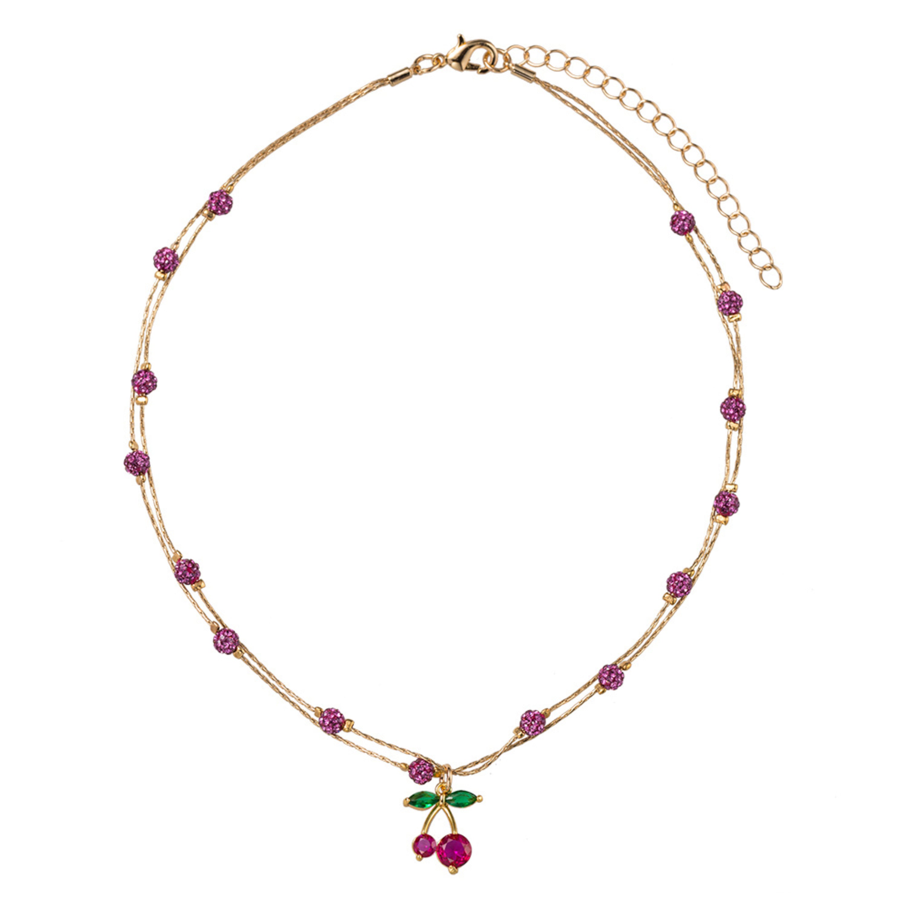 Kids Hot Pink Pave Crystal Disco Ball Beads, 2 Layer Necklace with Pink, Green Cherry