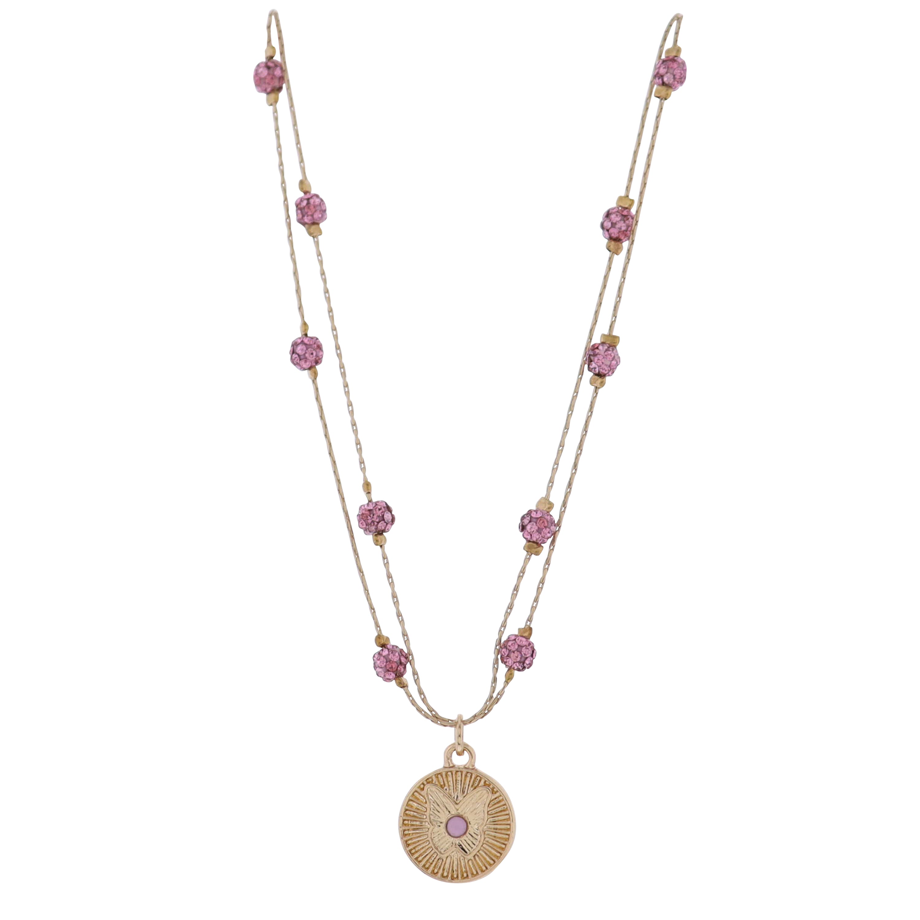 Kids Pink Pave Crystal Disco Ball Beads, 2 Layer Necklace with Gold Butterfly Disk