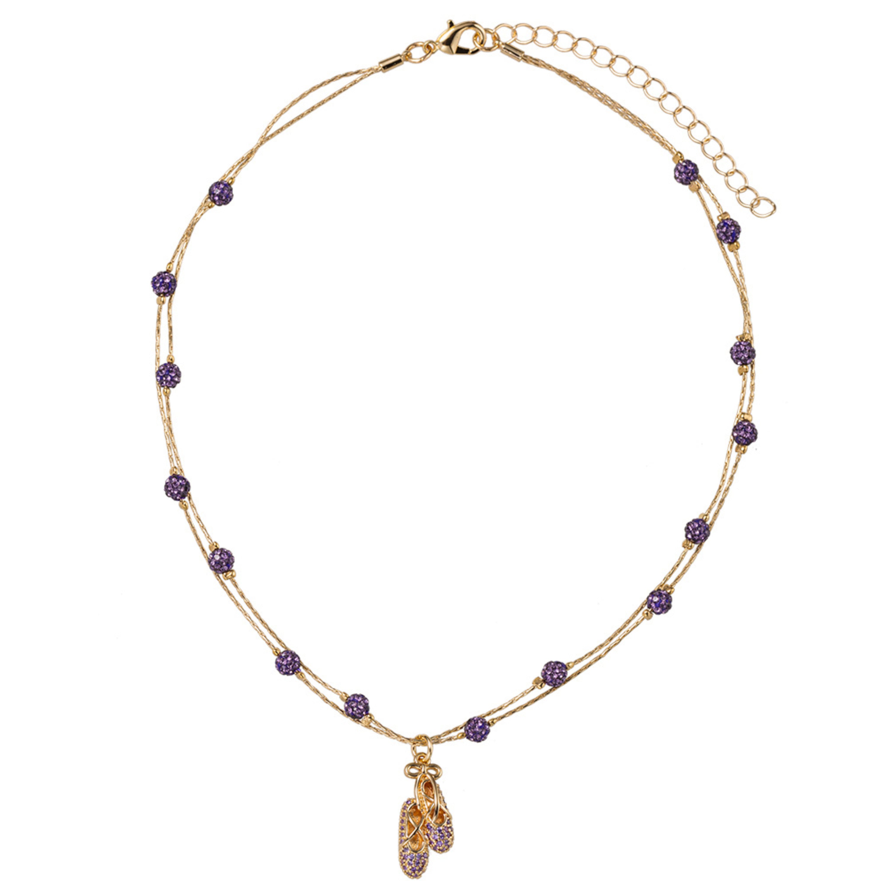 Kids Purple Pave Crystal Disco Ball Beads, 2 Layer Necklace with Gold, Purple Ballet Slippers