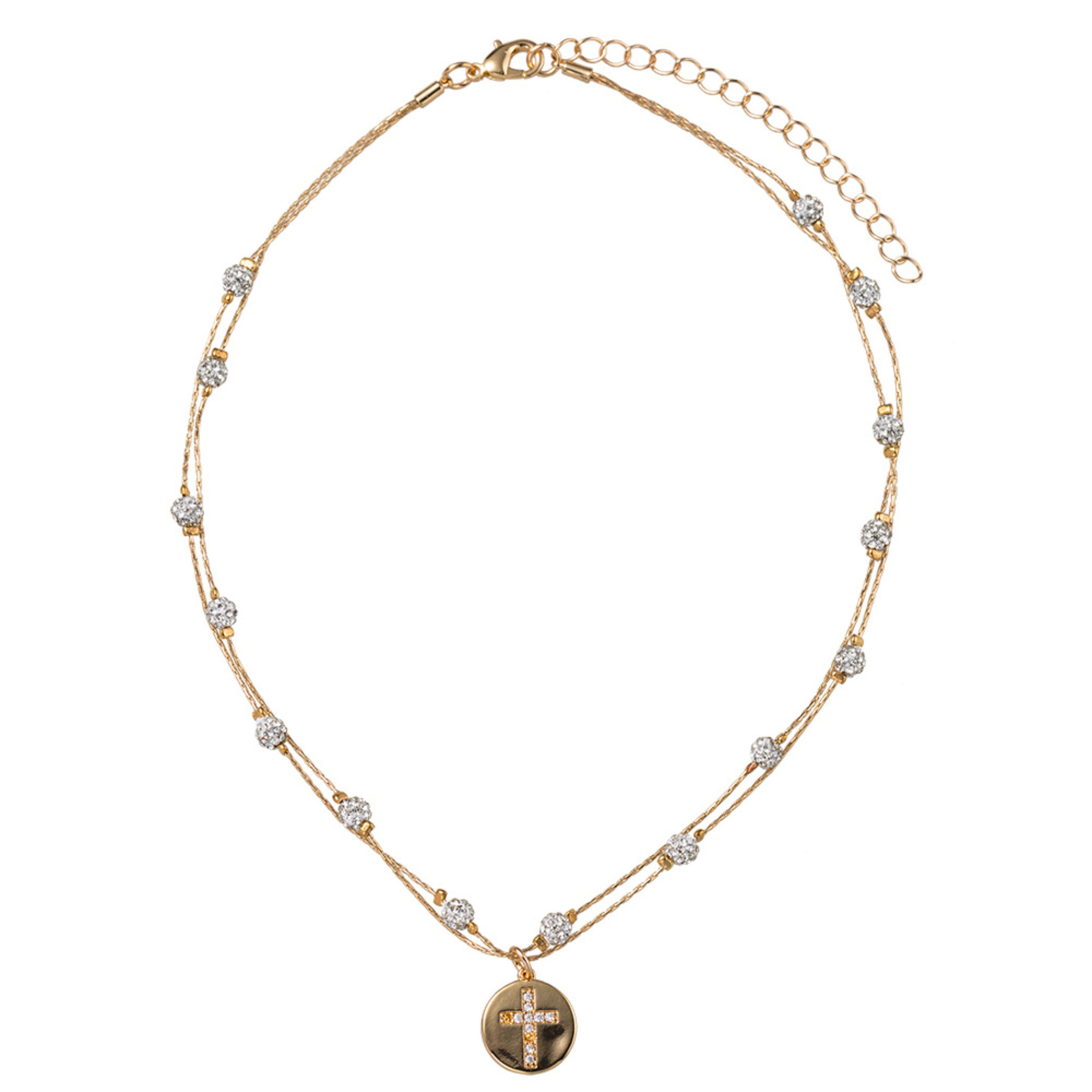 Kids White Pave Crystal Disco Ball Beads, 2 Layer Necklace with Gold Cross Disk