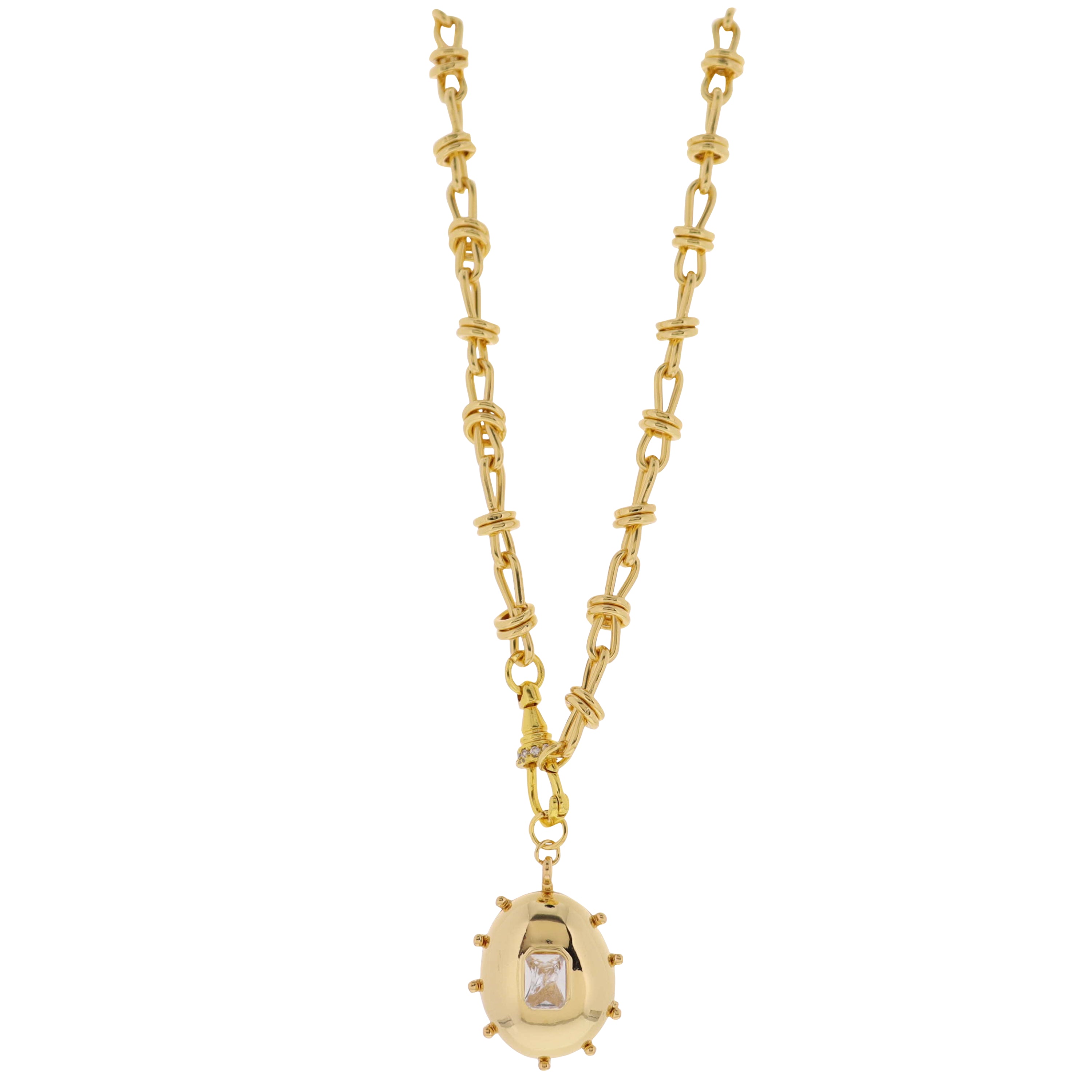 18K Gold Plated Knot Chain Necklace with Gold Studded Oval with Clear Crystal