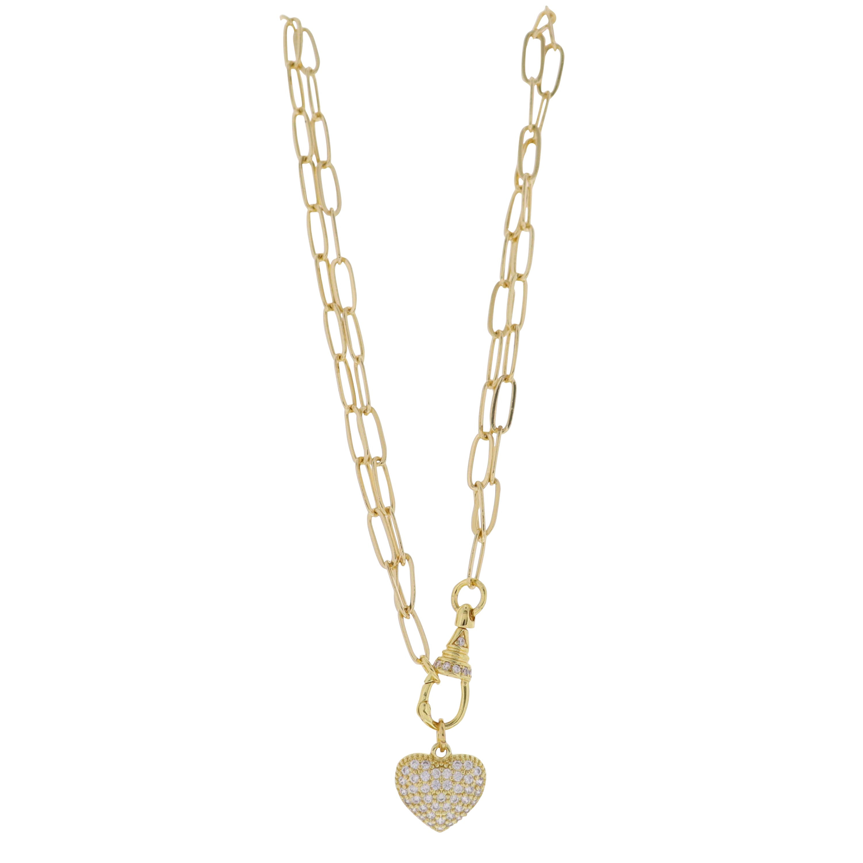 18K Gold Plated Paperclip Chain Necklace with Clear Crystal Heart