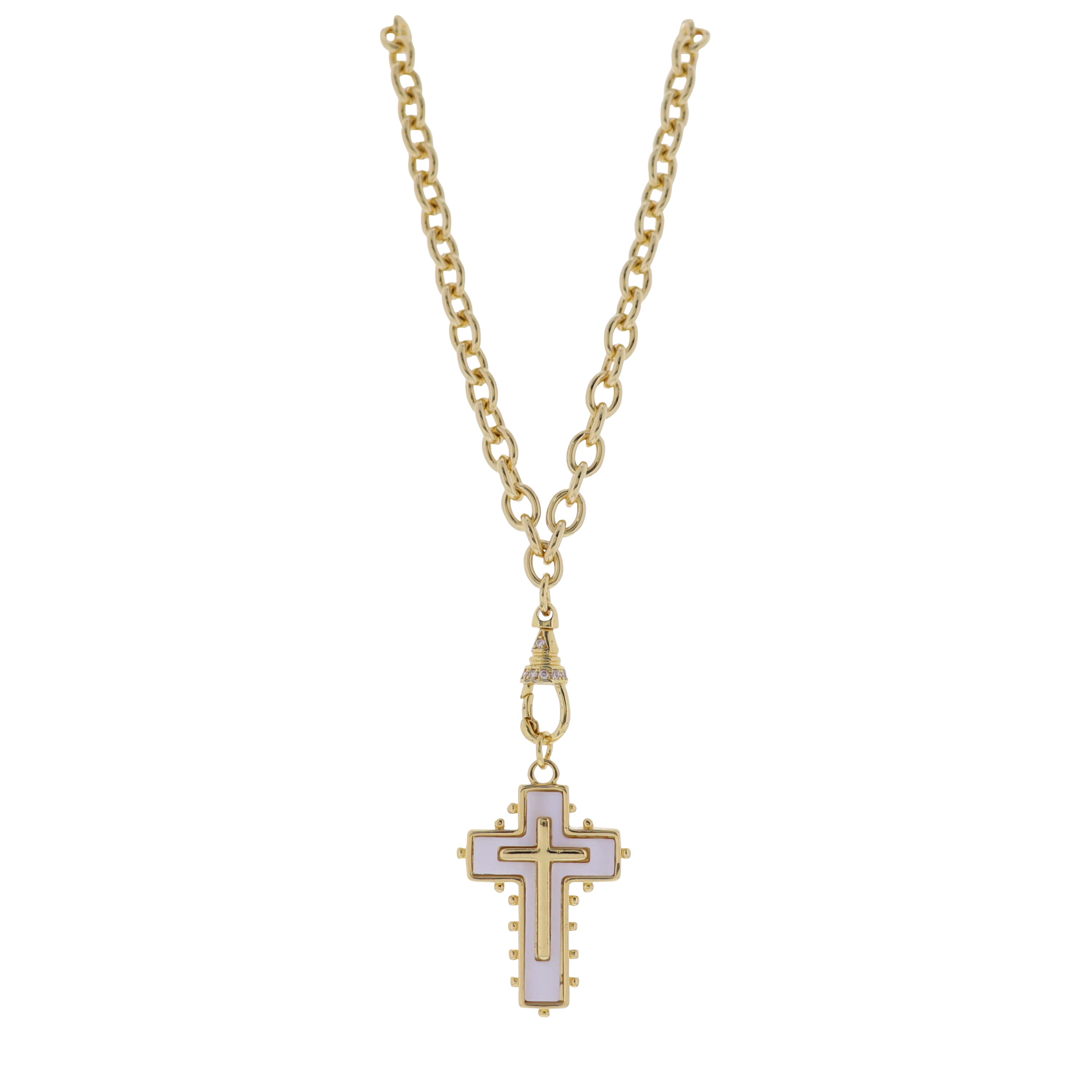 18K Gold Plated O Chain Necklace with White, Gold Cross