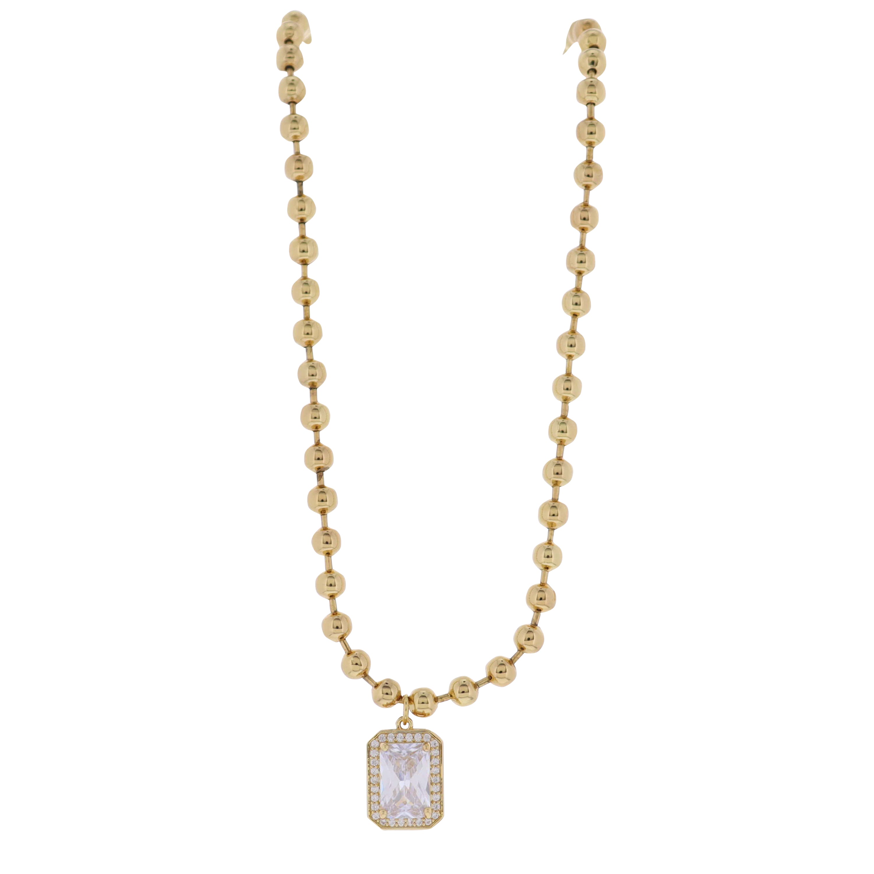 18K Gold Plated Ball Chain Necklace with Clear Crystal Square