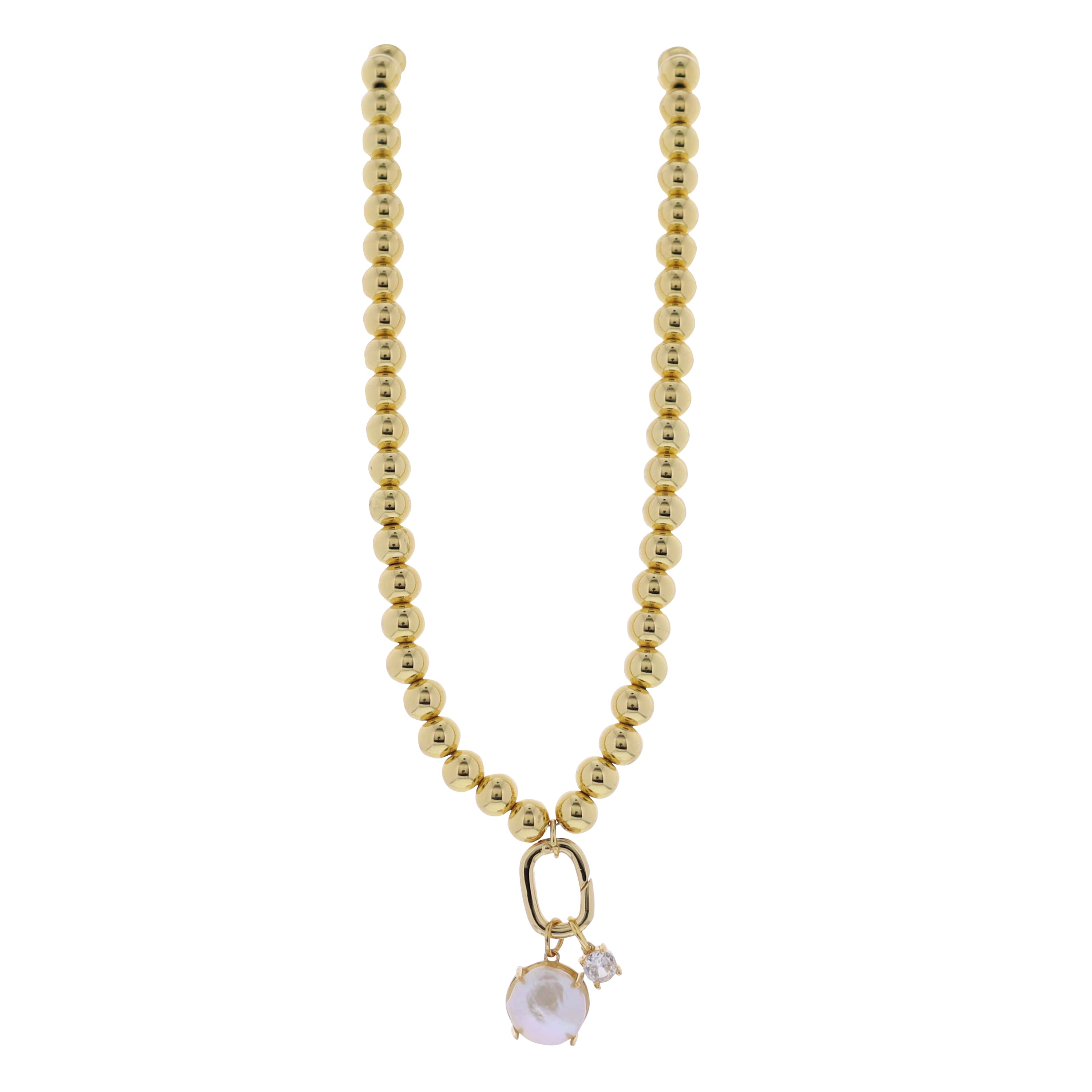 18K Gold Plated Large Ball Beaded Necklace with Pearl Circle with Crystal Accent