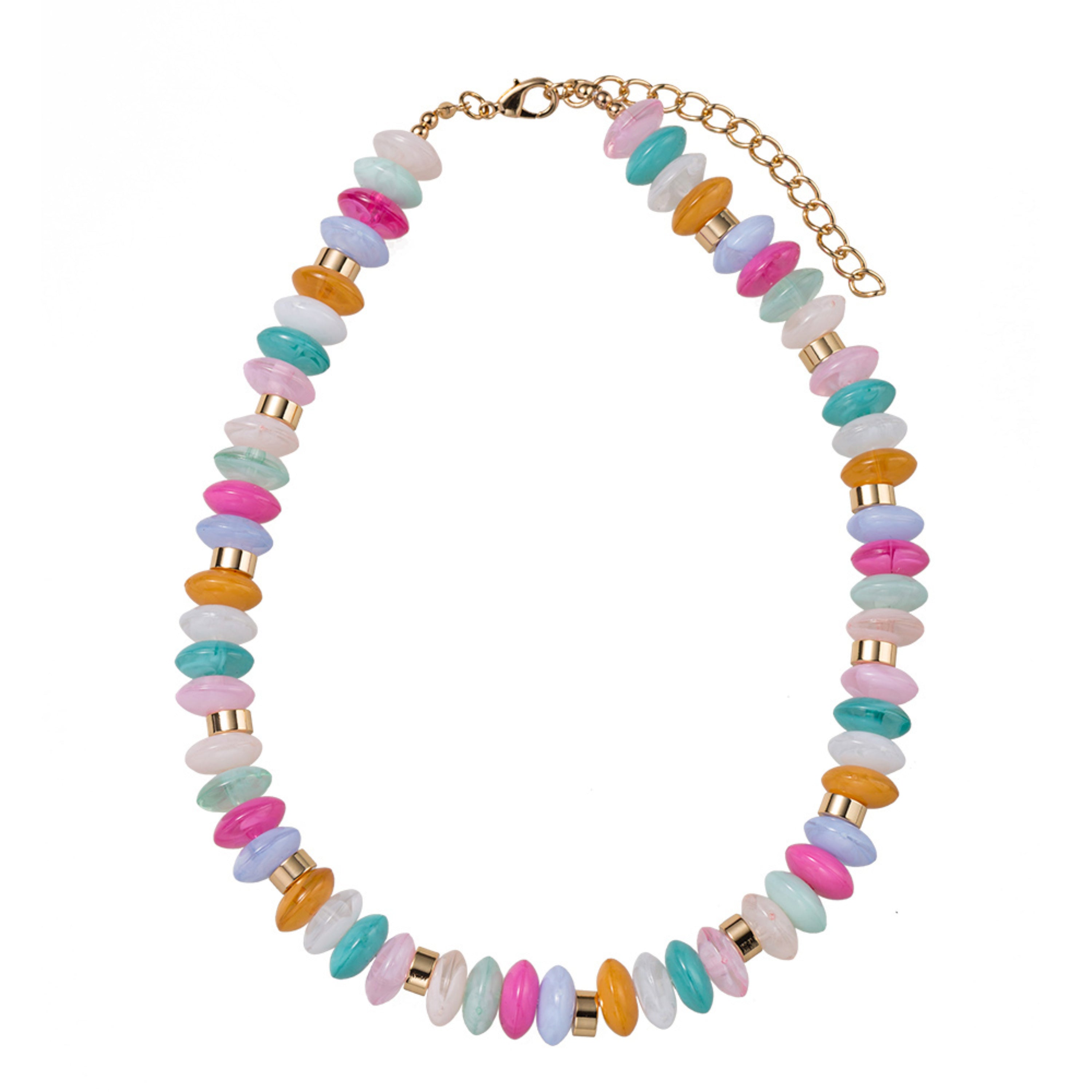 Pink, Light Blue, Teal, Clear, Amber Large Rondelle Beaded Necklace with Gold Spacers