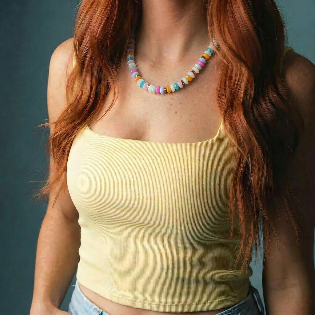 Pink, Light Blue, Teal, Clear, Amber Large Rondelle Beaded Necklace with Gold Spacers